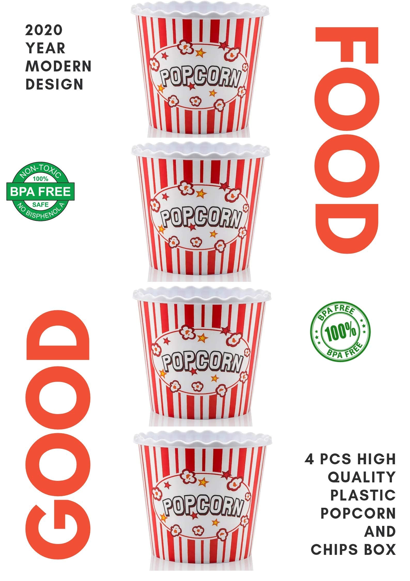 Ononexpress Modern Style Reusable Plastic Popcorn Box/Popcorn Containers/Popcorn Bowls Set For Movie Theater Night - (Bpa Free -