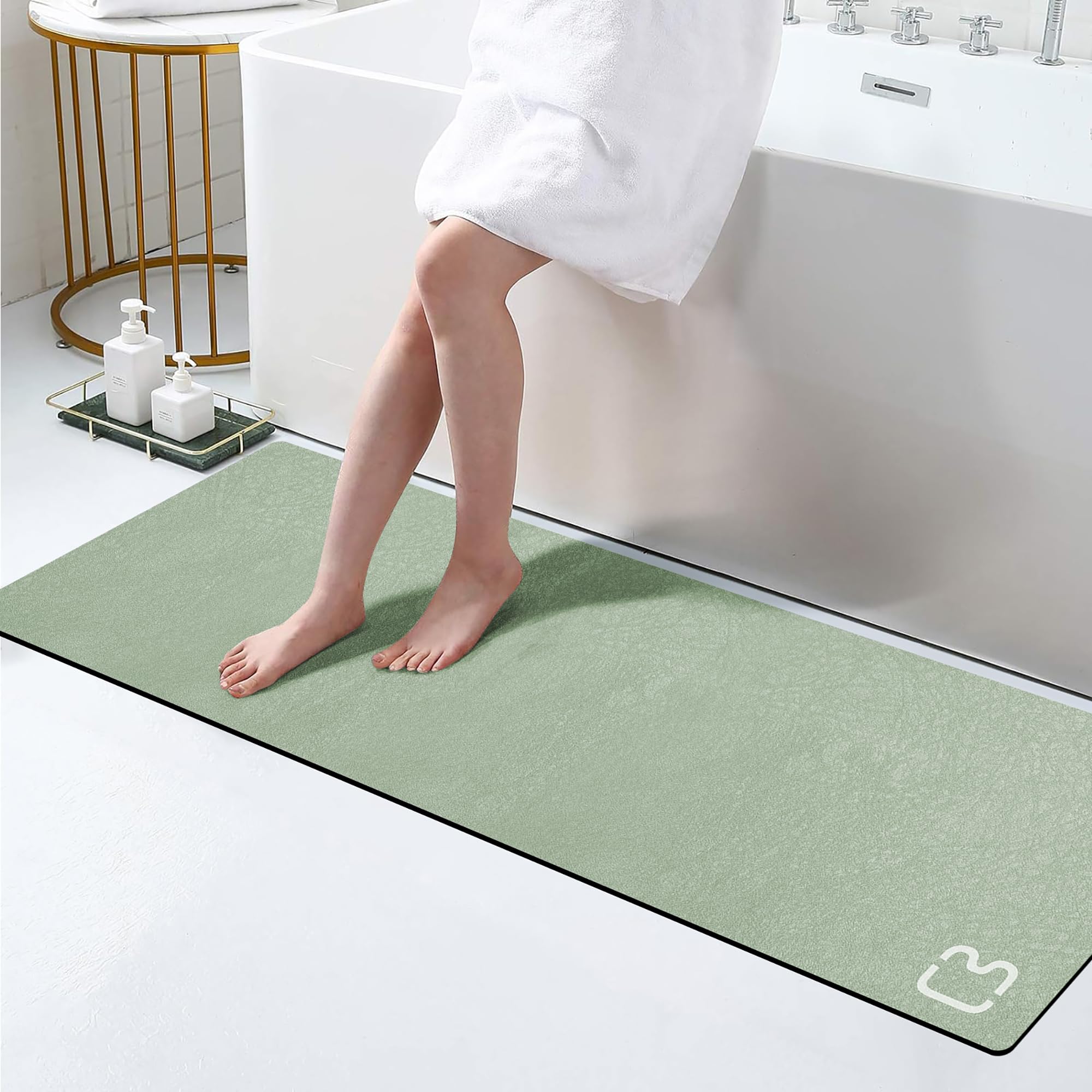 Ruerya Sage Green Bath Mat 15.7''X47.2'' Extra Long Bathroom Mat Large Fast Dry Super Absorbent Non-Slip Rubber Backed Shower Ma