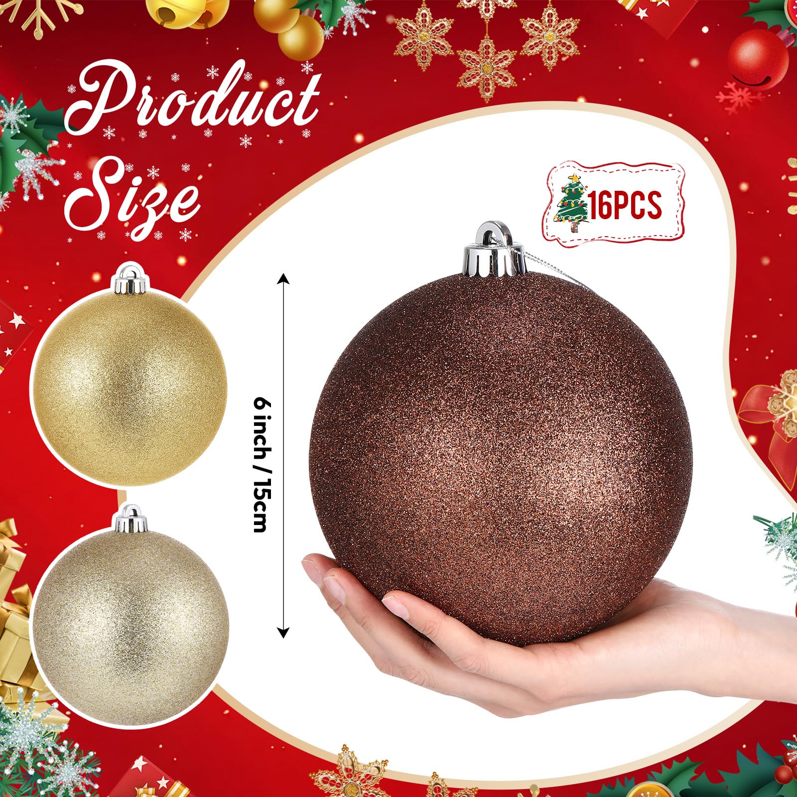 Poen 12 Pcs 6 Inch Christmas Tree Glitter Ornaments Extra Large Christmas Balls Decorations Xmas with Hanging Loop for Holiday D