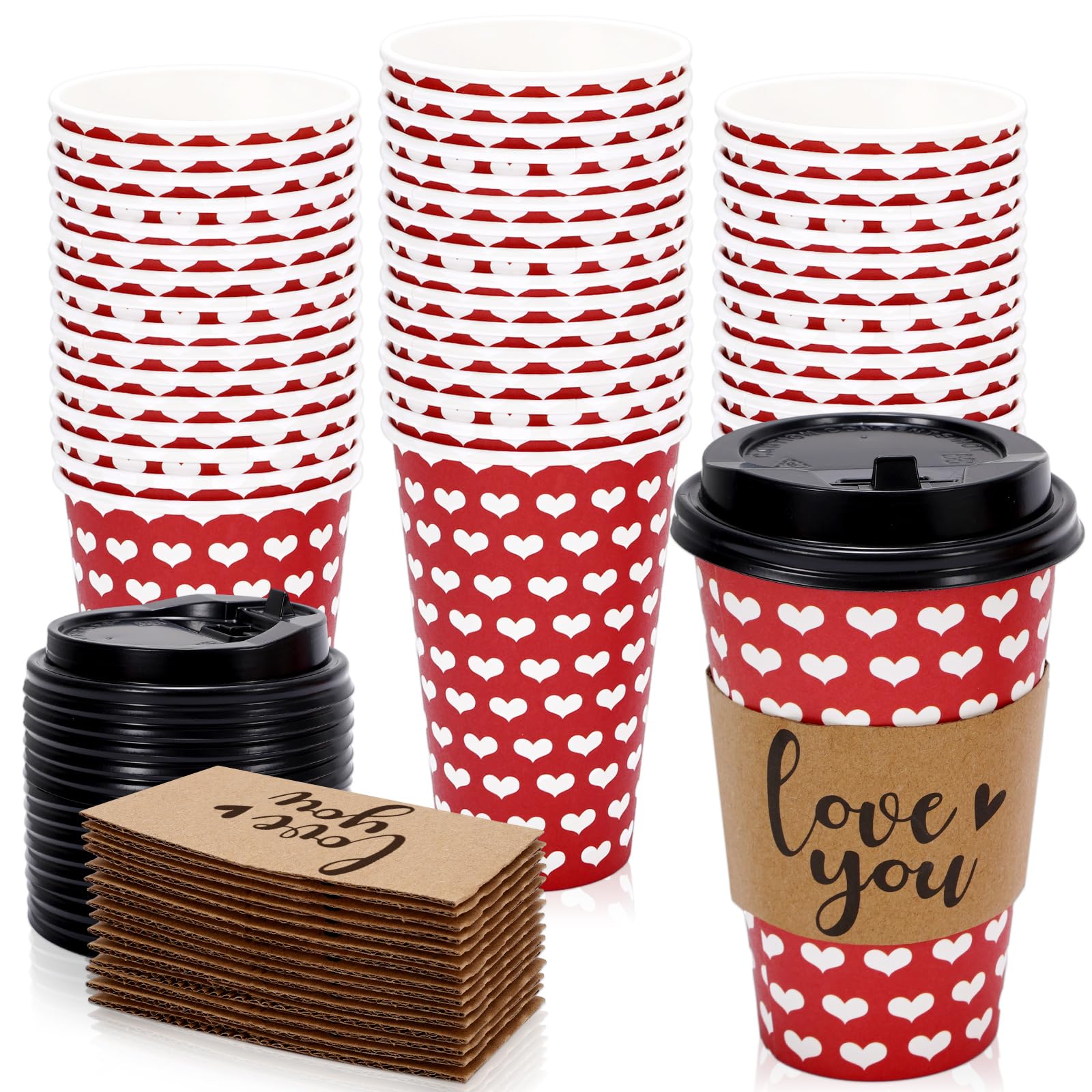 Jarthenaamcs 48 Pack Red White Heart Disposable Coffee Cups With Lids And Sleeves Valentine'S Day Paper Cups Love Drinking Cups