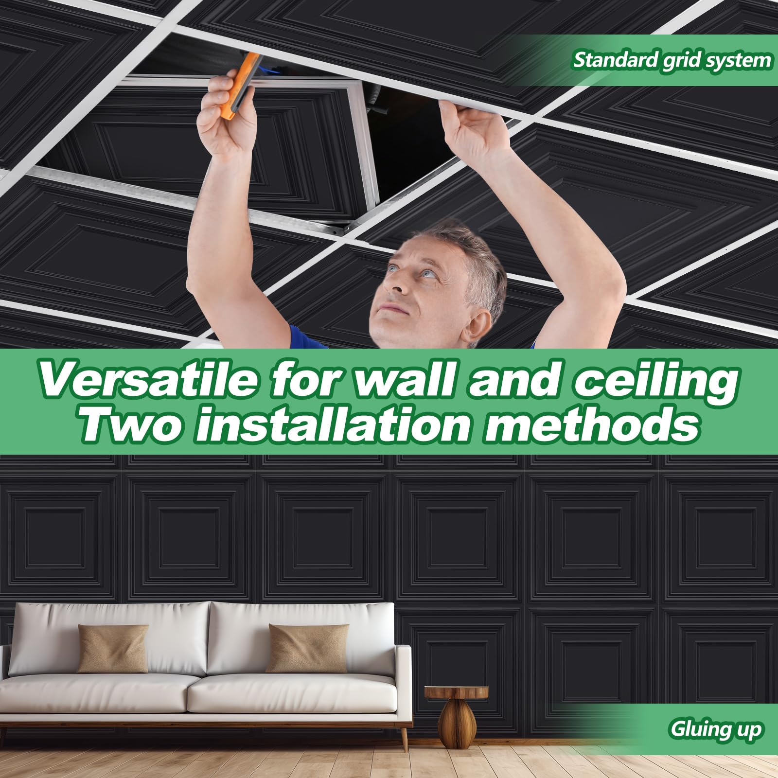 Landical 20 Pcs 2 x 2 ft Black PVC Plastic Drop Ceiling Tiles 24 x 24 x 0.8 Inch Ceiling Panels Decorative Cover 80 Sq. ft for O