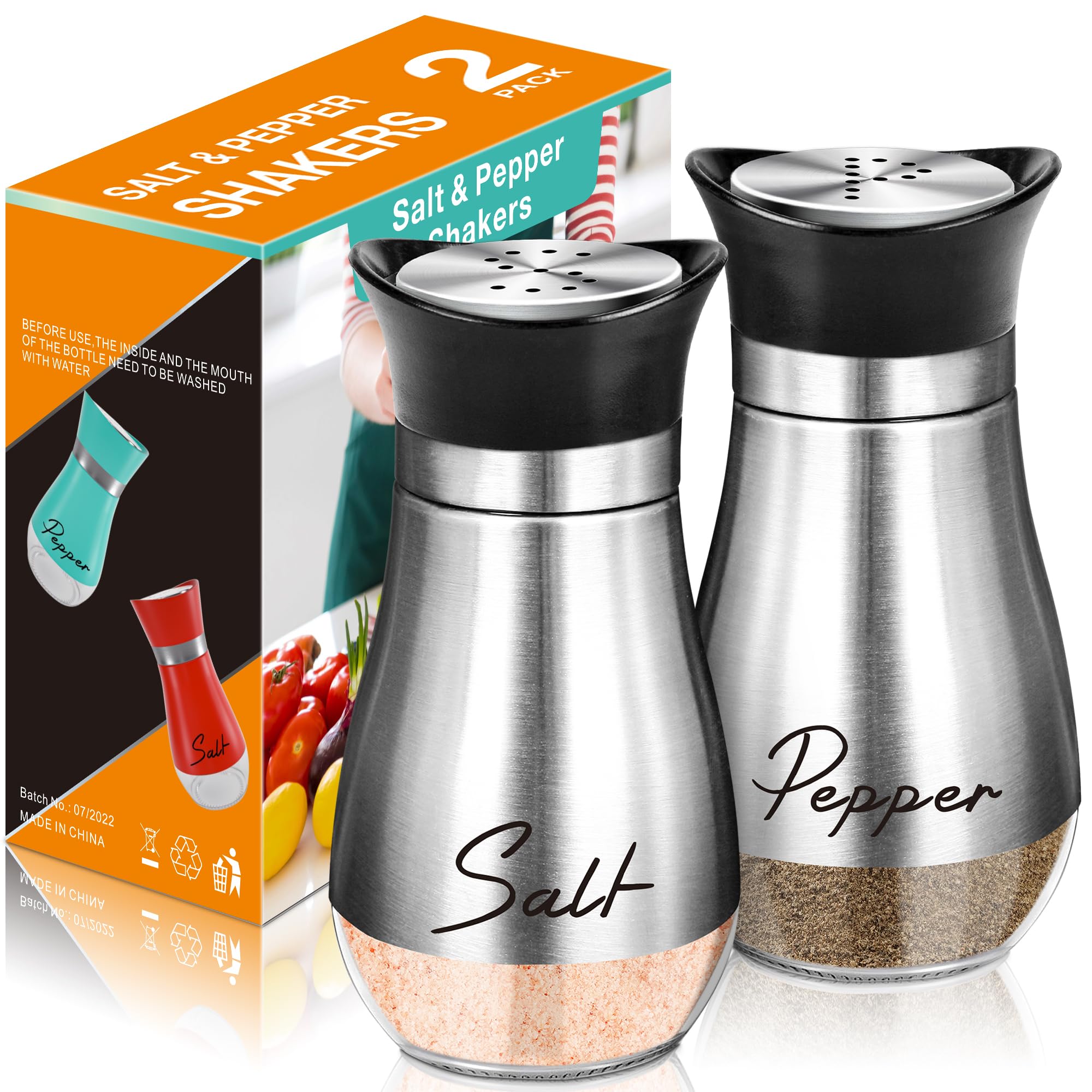 Salt and Pepper Shakers Set,4 oz Glass Bottom Salt Pepper Shaker with Stainless Steel Lid for Kitchen Gadgets Cooking Table, RV,