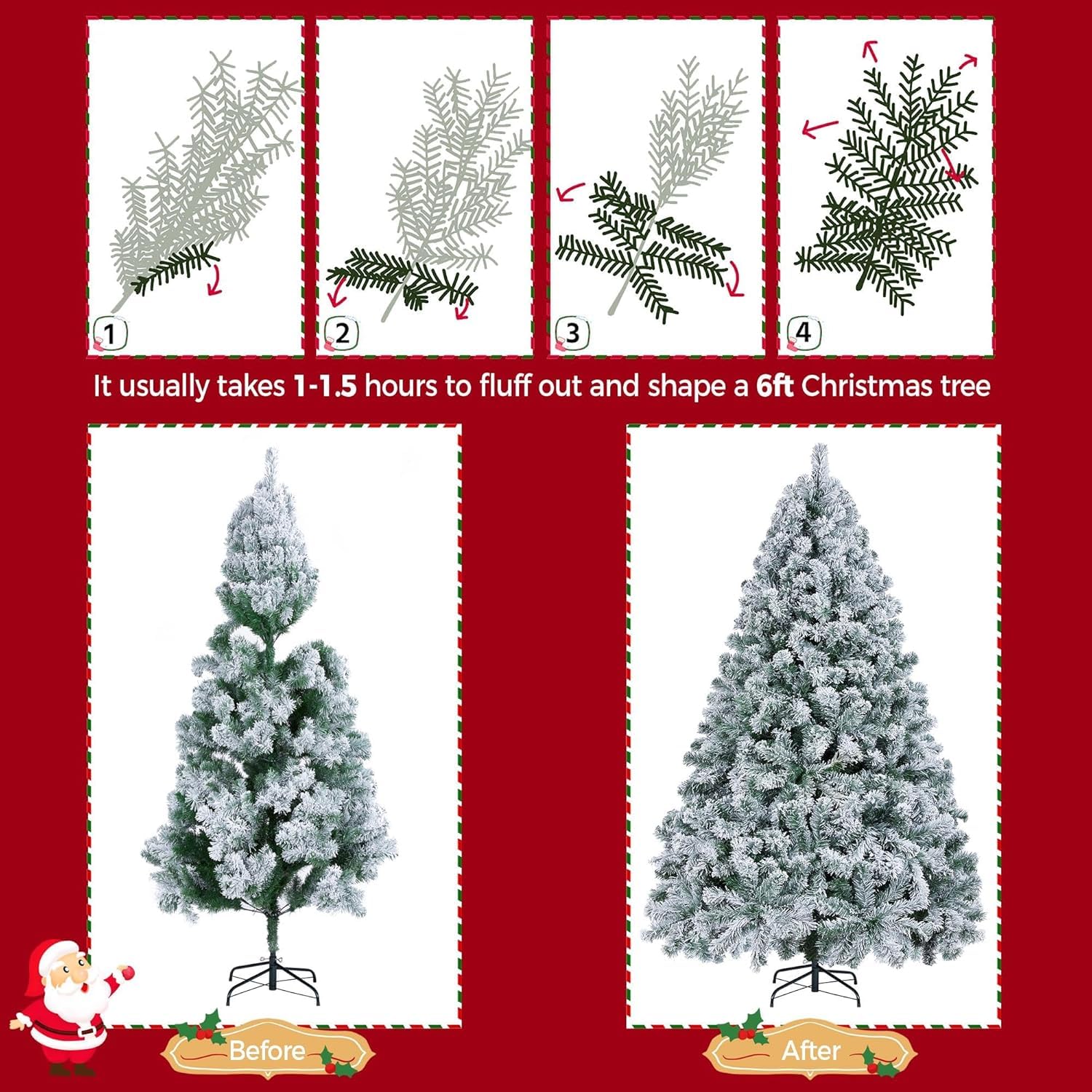 6FT Prelit Fluffy Snow Flocked Fraser Fir Artificial Christmas Tree with Warm White Lights, Hinged Branches, 800 Tips, Artificia
