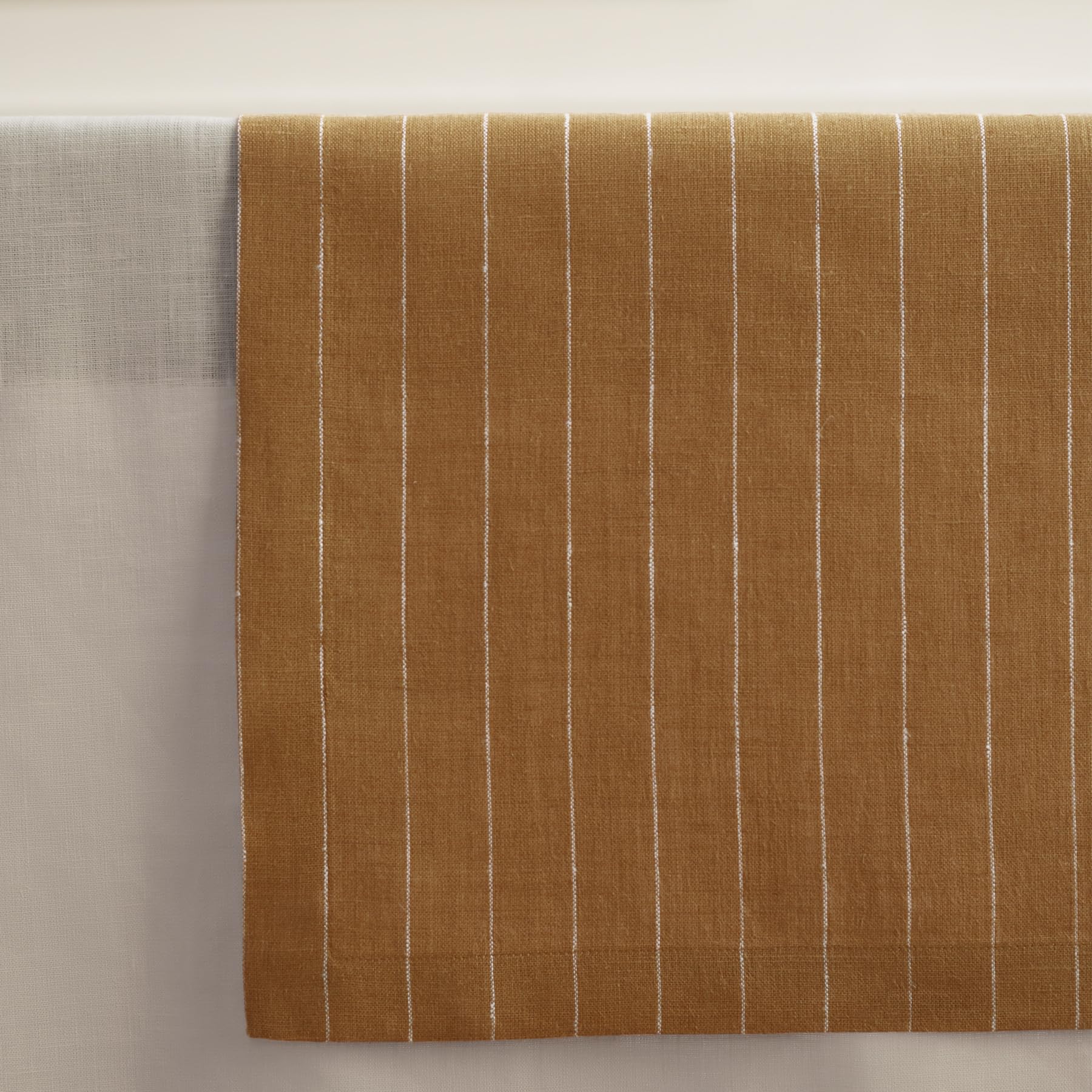 Solino Home Pinstripe Linen Camel And White Table Runner 120 Inches Long - 100% Pure Linen Dining Table Runner 14 X 120 Inch Ide