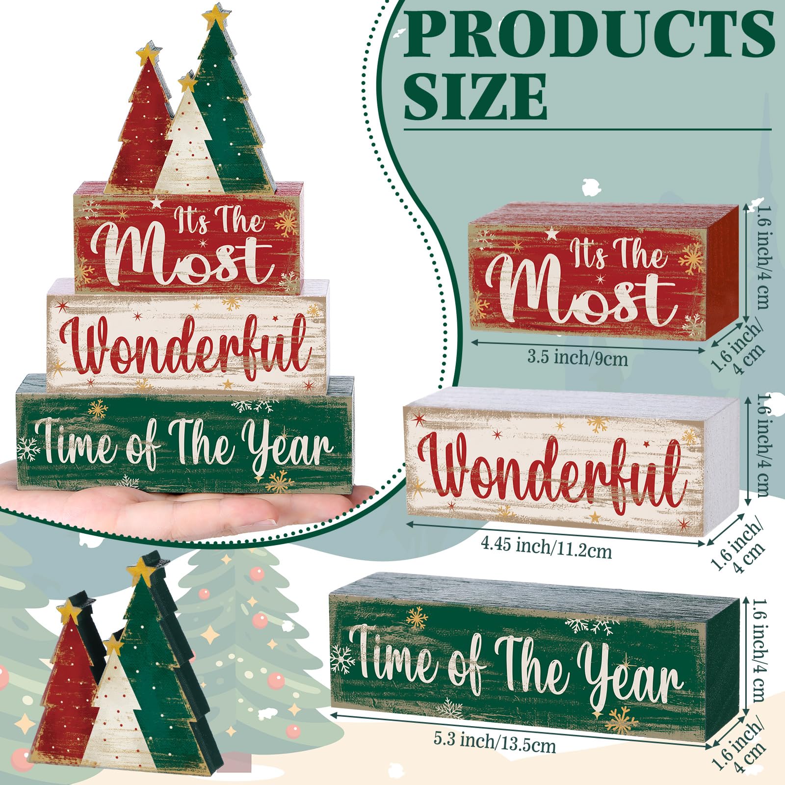 Moucuny 4 Pcs Christmas Decor Wooden Christmas Tree Tiered Tray Decor Xmas Centerpieces Farmhouse Wooden Block Set Xmas Table Si