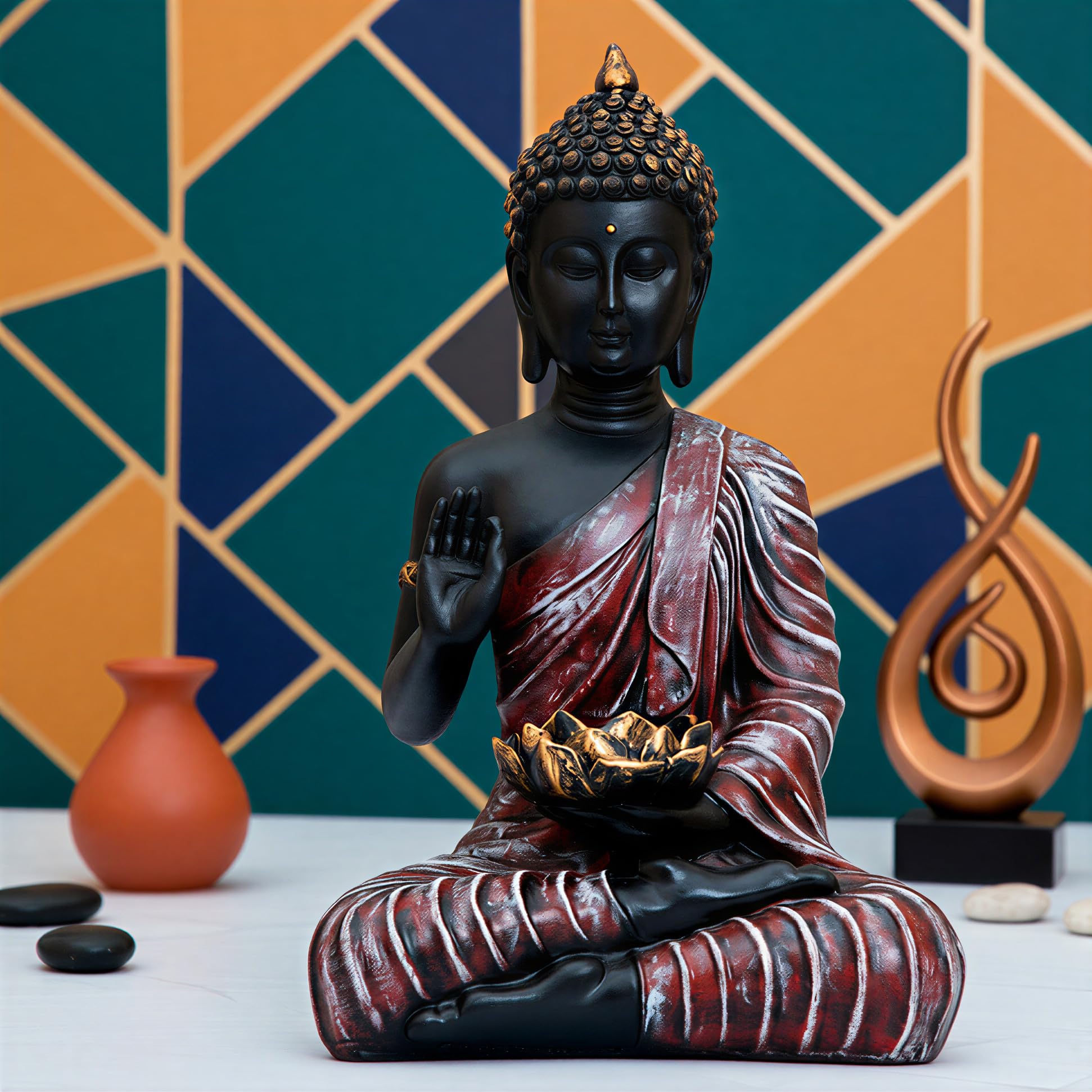 Heeran Art New Meditating Sitting Buddha Statue Showpiece Idol Home Decor Items For Living Room And Gifts (Red Black, Medium)