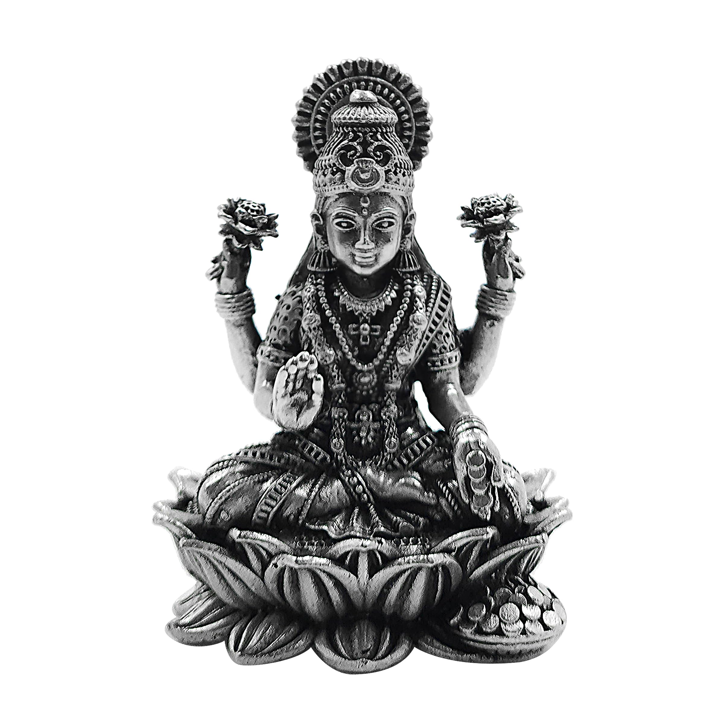 Maa Silver Pure Silver Goddess Lakshmi/Laxmiji Semi-Solid Idol/Murti On Lotus/Kamal With Antique Oxidized Finish Perfect For Poo