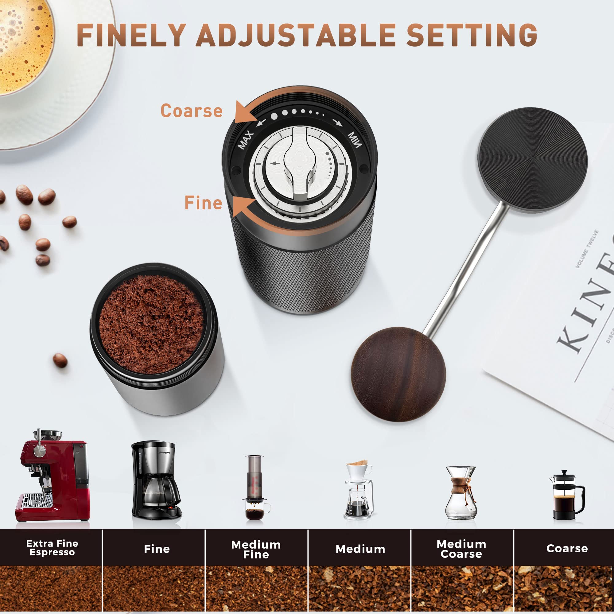 Kitchenboss Manual Coffee Bean Grinder: Coffee Hand Grinder 25G Capacity With Stainless Steel Conical Burr Coffee Grinders, Fine