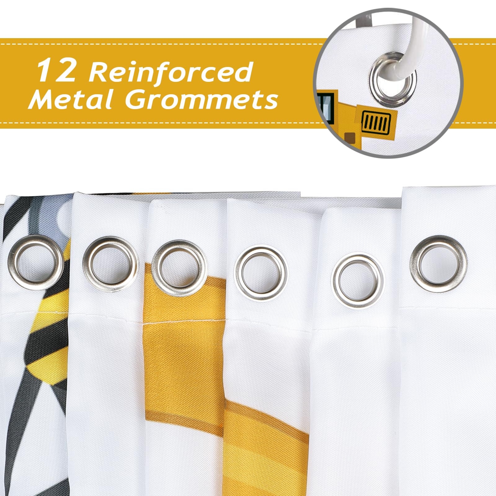 Bonhause Kids Construction Shower Curtain, Cartoon Machinery Vehicle Excavator Tractor Truck Car Shower Curtain For Boy 72X72 In