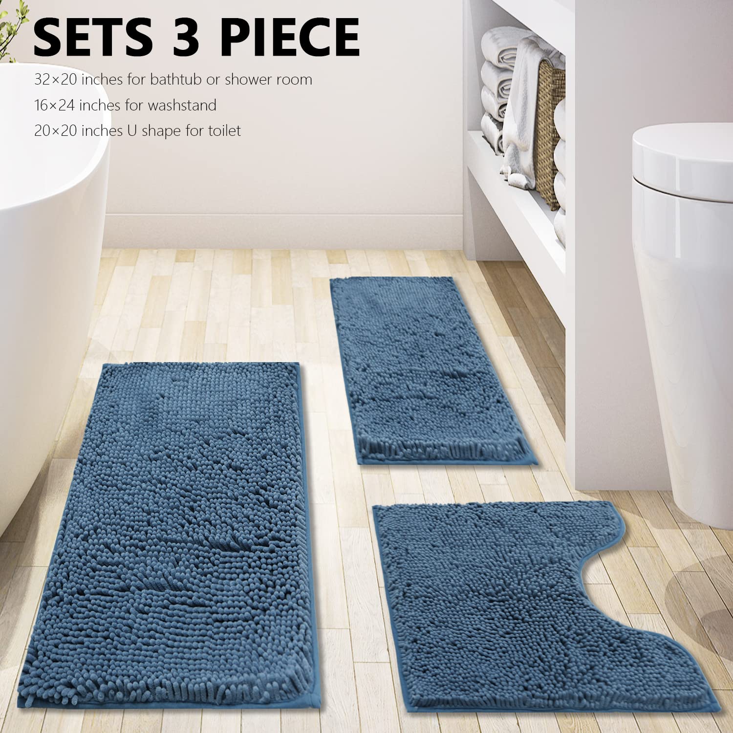 Bathroom Rugs Chenille 3-Piece Extra Soft and Absorbent Shag Bathroom Rugs  Machine Wash Mat  Strong PVC Non-Slip Underside  Plush Carpet Mats (Deep Blue)