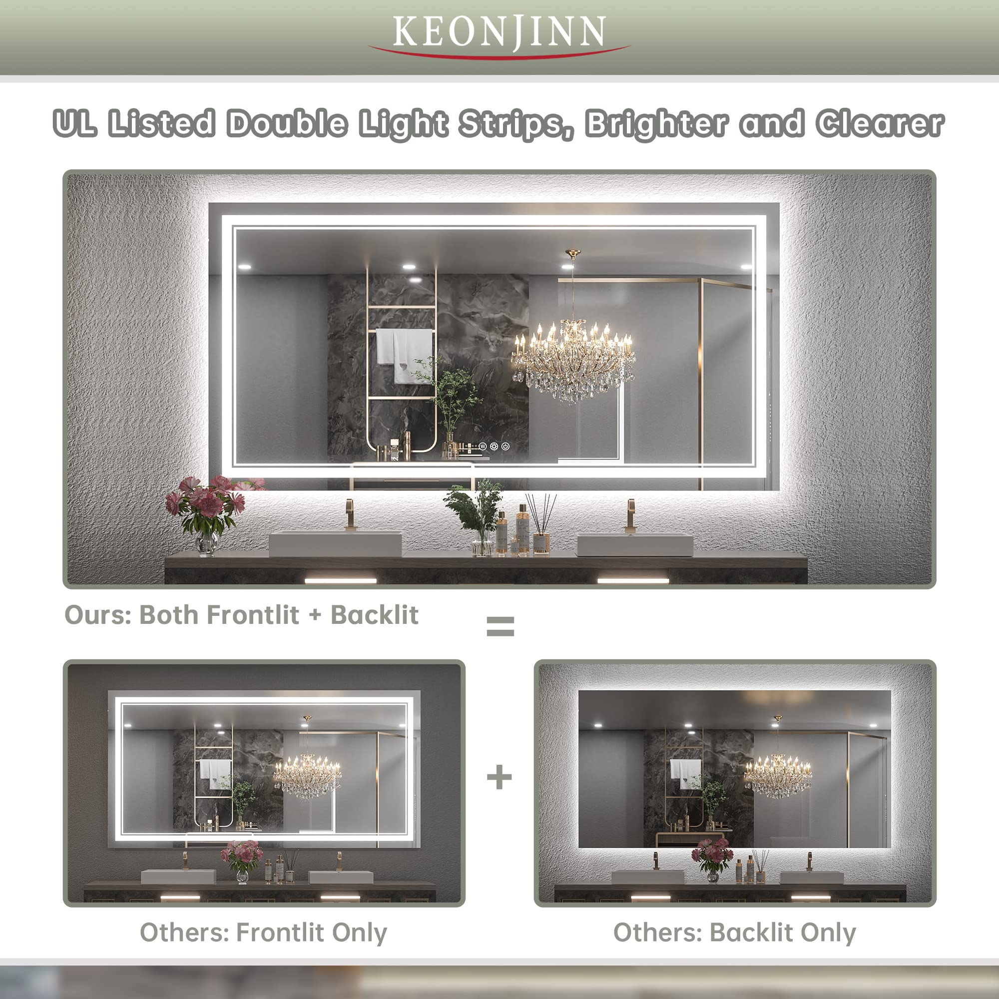 Keonjinn Led Bathroom Mirror 30 X 36 Inch With Front And Back Light, Stepless 3 Colors Temperature & Dimmable Backlit Mirror, Ul