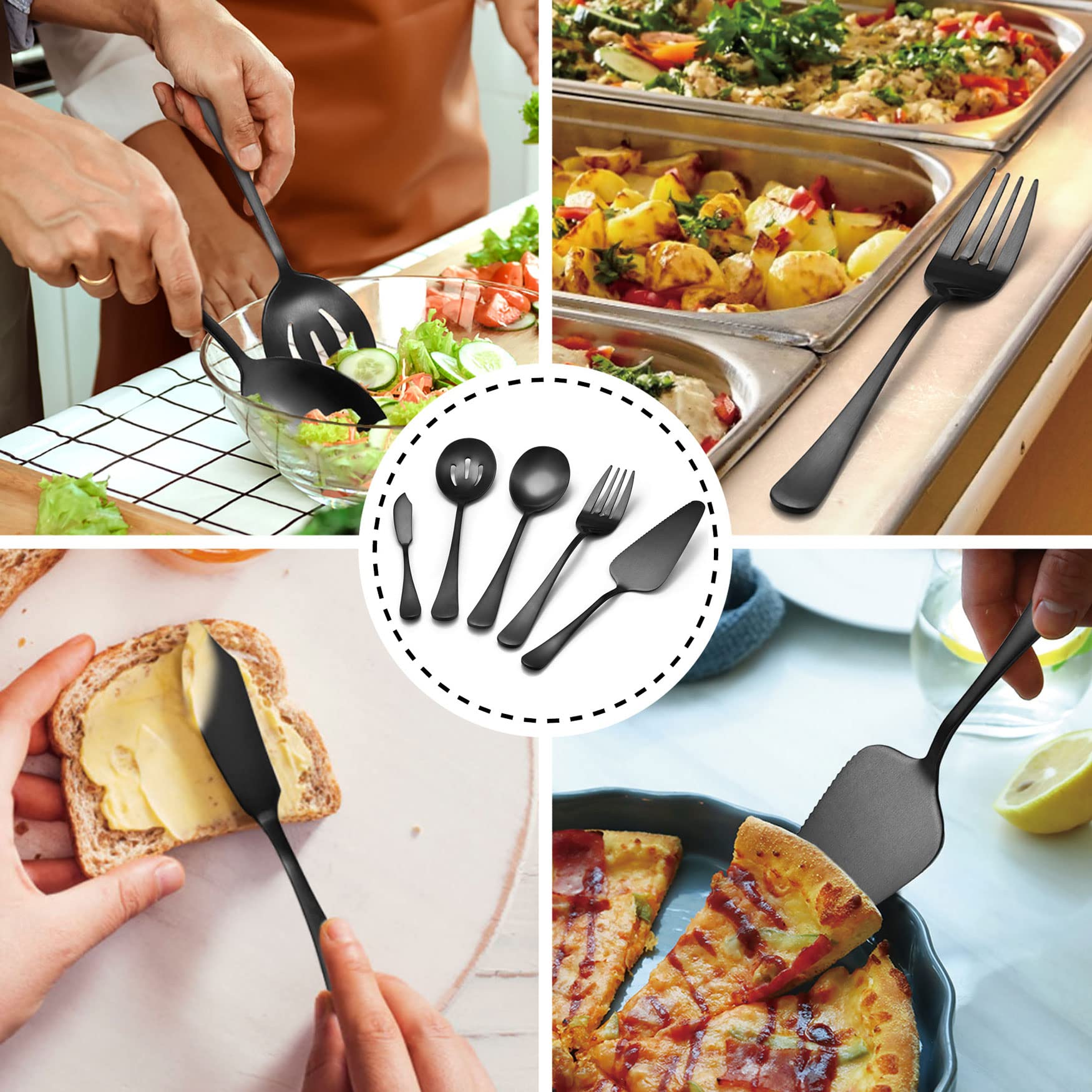 Lianyu 5-Piece Matte Black Serving Utensils Set, Stainless Steel Serving Set Include Serving Spoon Fork, Flatware Serving Pieces