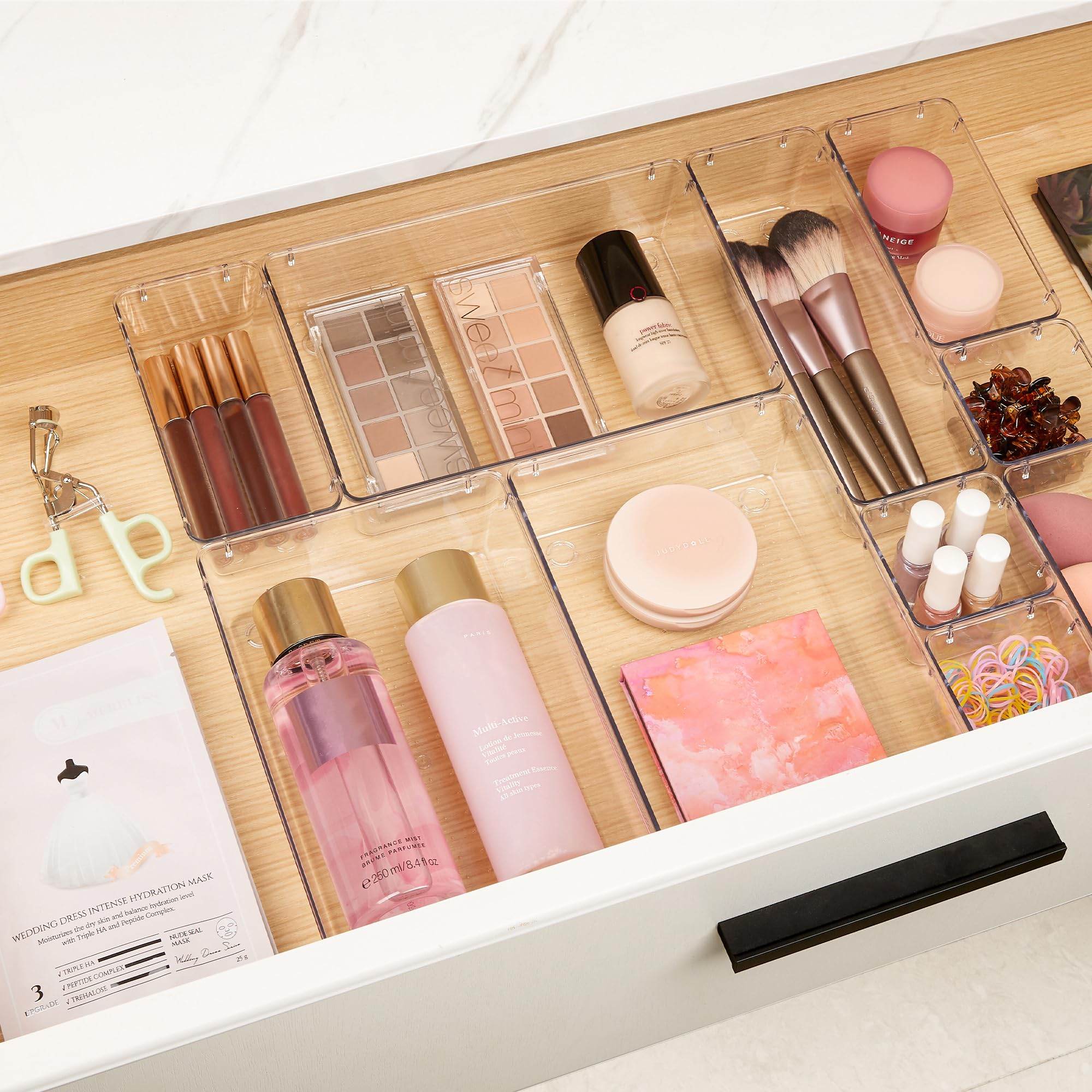 Vtopmart 10 Pcs Drawer Organizer Set, 4 Size Vanity Organizer Plastic Tray, Clear Acrylic Drawer Organizer Storage Bins, Makeup