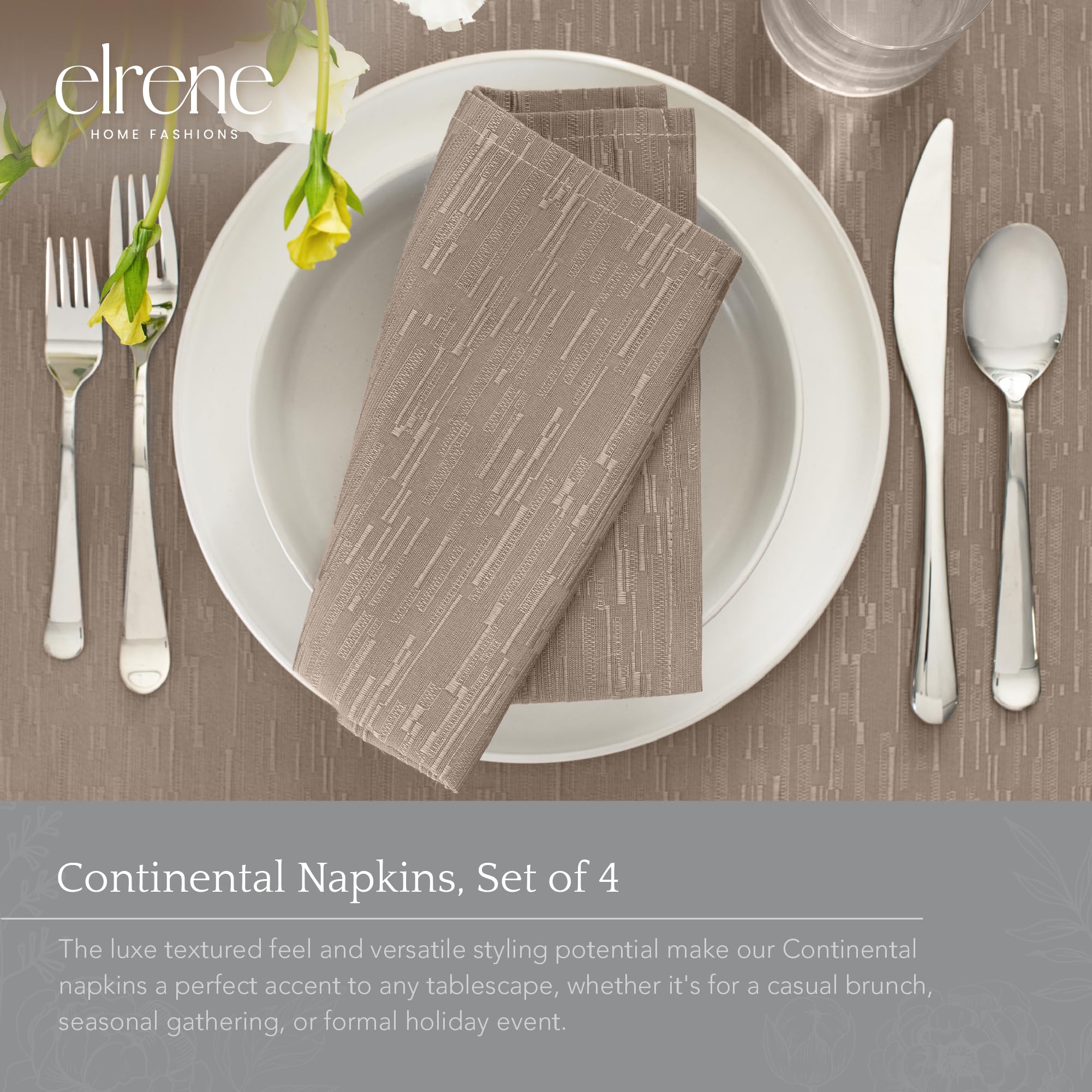 Elrene Home Fashions Continental Solid Texture Water And Stain Resistant Fabric Dining Napkins, Set Of 4, 17''X17'', Taupe