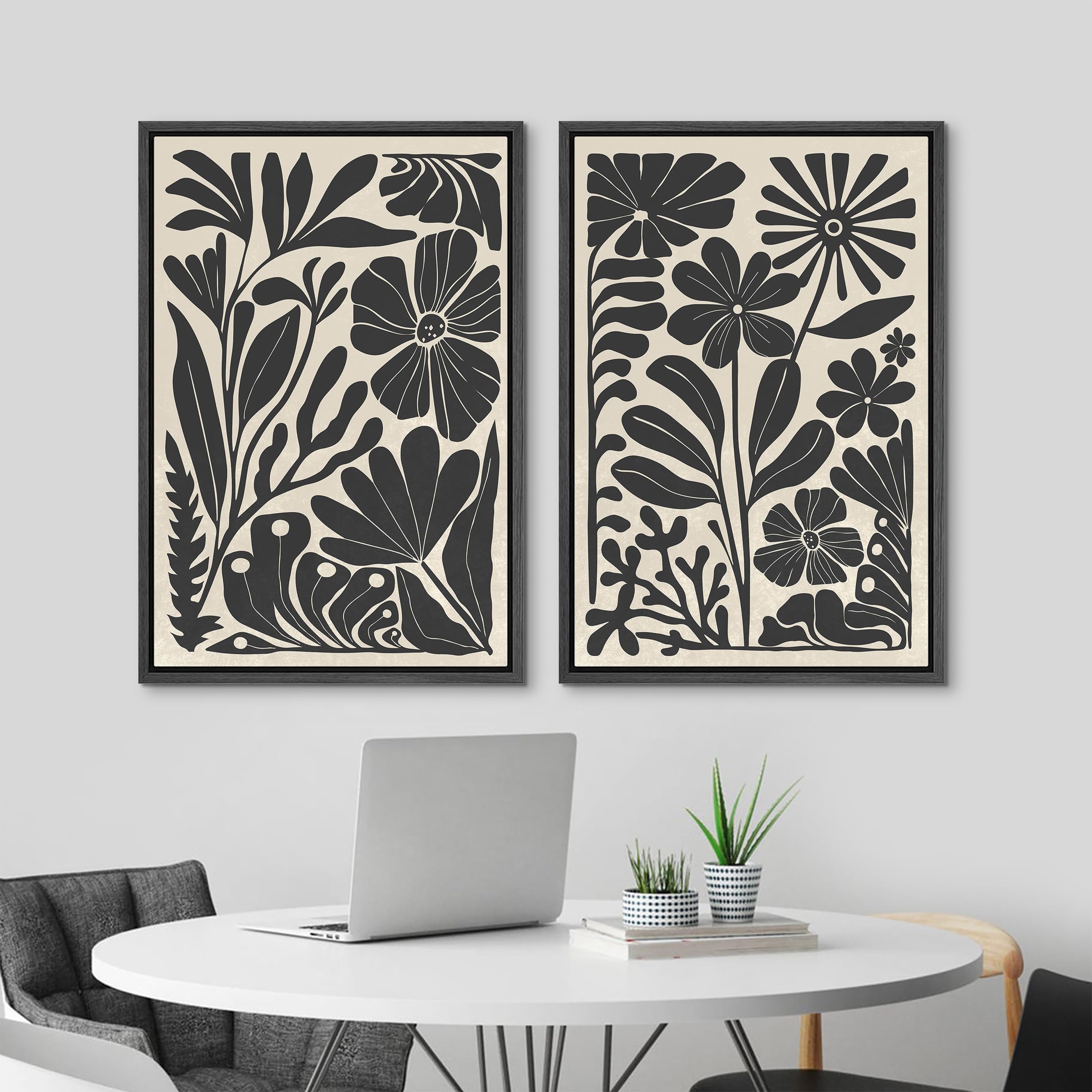 Mudecor Framed Canvas Wall Art Abstract Floral Botanical Prints Minimalist Modern Art Boho Wall Decor For Bedroom - 24''X36''X2
