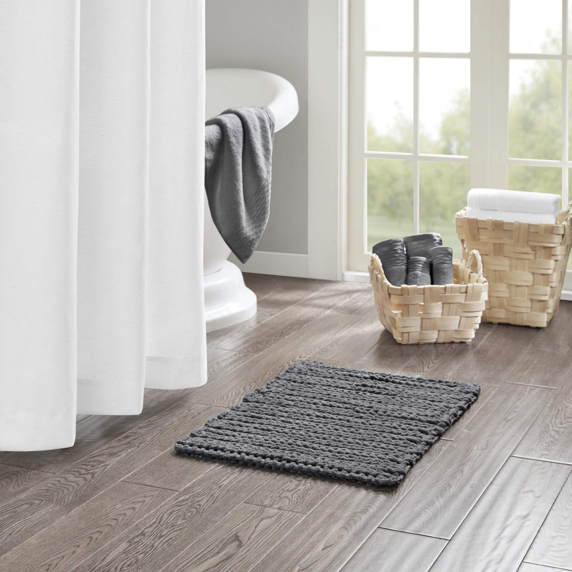 Madison Park Lasso 100% Cotton Chenille Chain Woven Stitch Bathroom Rug - Non Slip - Absorbent, Quick Dry Bath Mat, 17x24, Charc