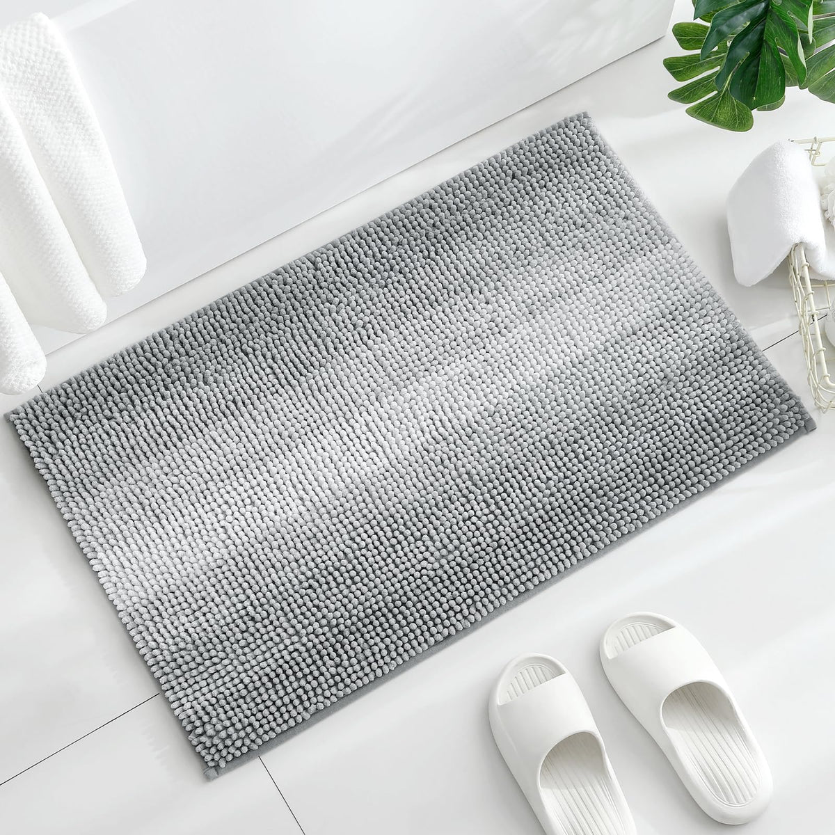 Gibelle Grey Bathroom Rugs, Luxury Chenille Bath Mat, Small Non Slip Shower Rug And Bath Room Floor Mats, Machine Washable, Quic