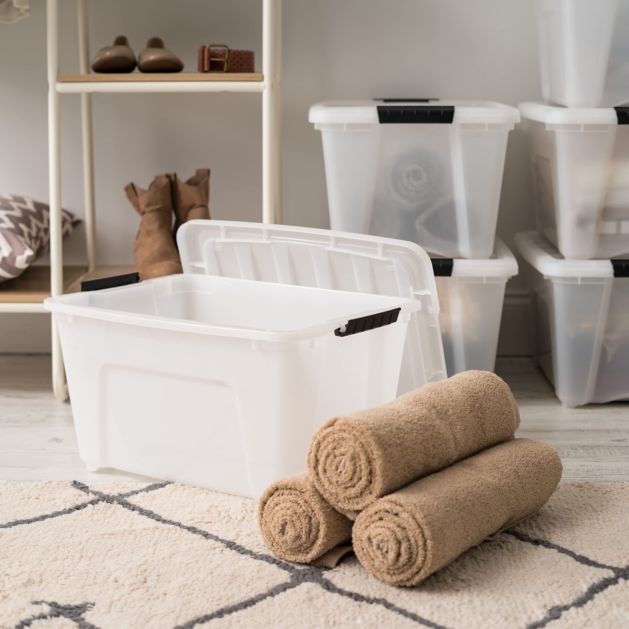 Iris Usa 32 Qt Stackable Plastic Storage Bins With Lids, 4 Pack - Bpa-Free, Made In Usa - Discreet Organizing Solution, Latches,