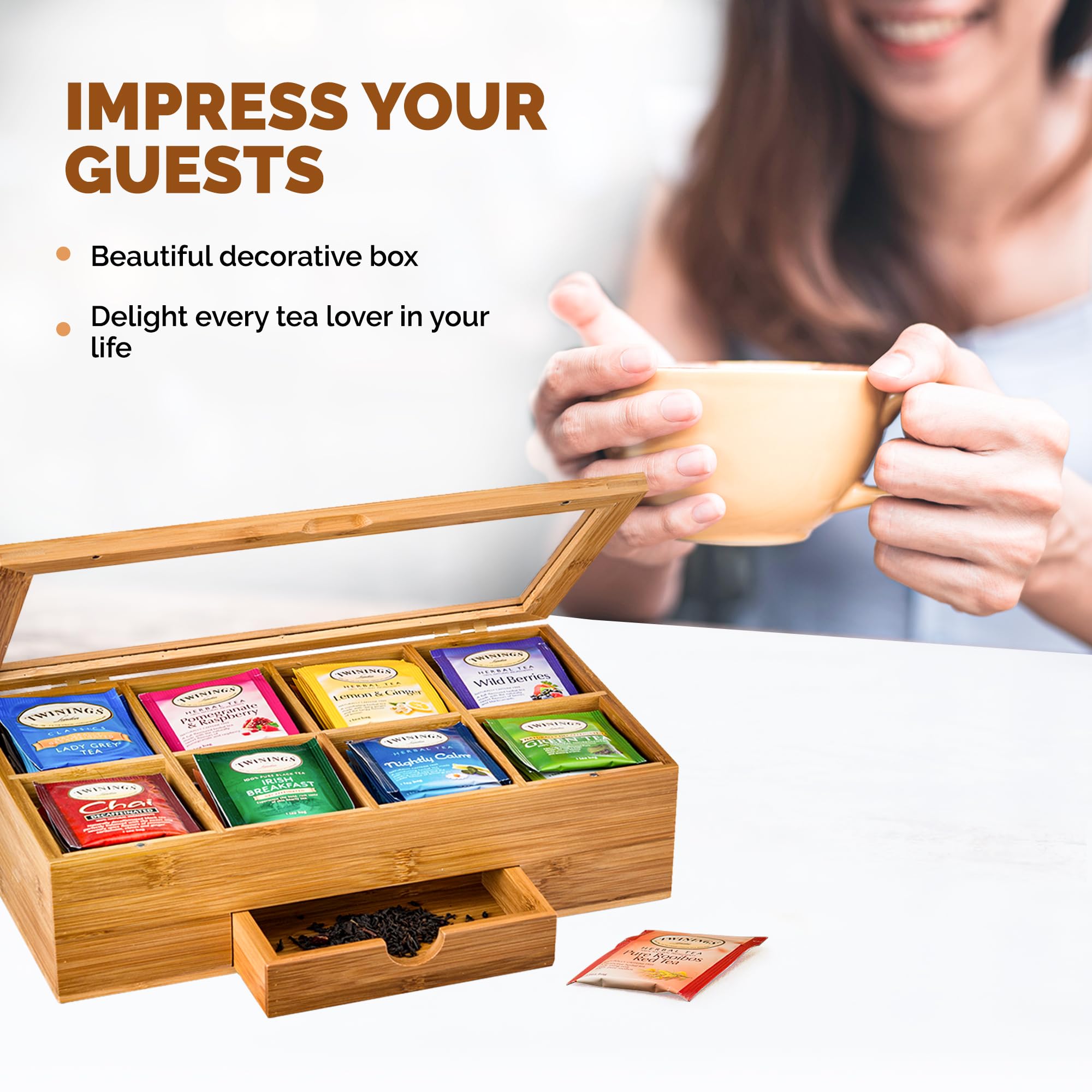 Bambüsi Bamboo Tea Bag Organizer Storage Box with Drawer - 3.9x12.9x7.9 inches - Magnetic Lid - Ideal Gift for Mom