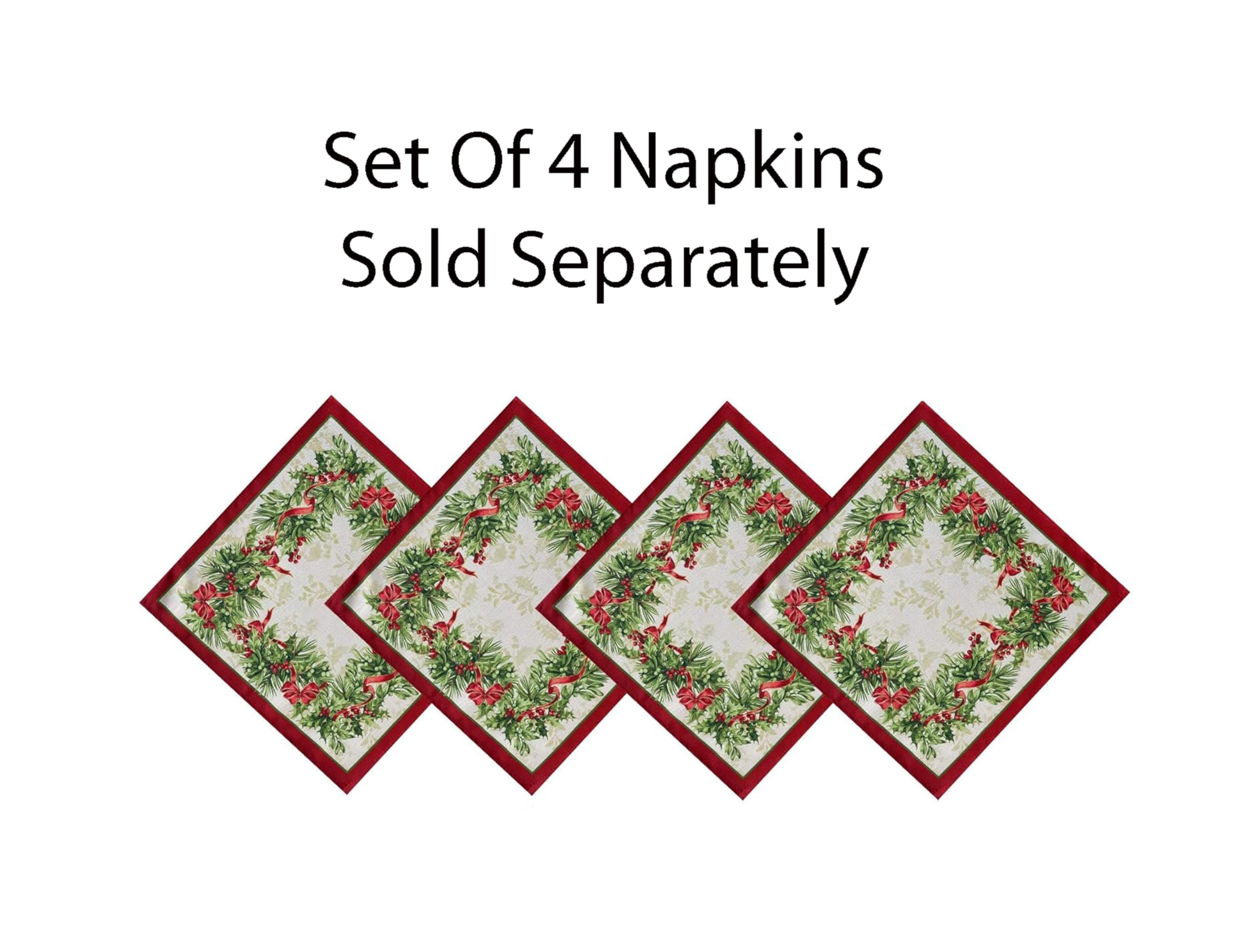 Newbridge Christmas Holly Ribbon Traditions Bordered 60 X 84 Inch Rectangle Fabric Tablecloth, Boughs Of Holly And Berry Ribbon