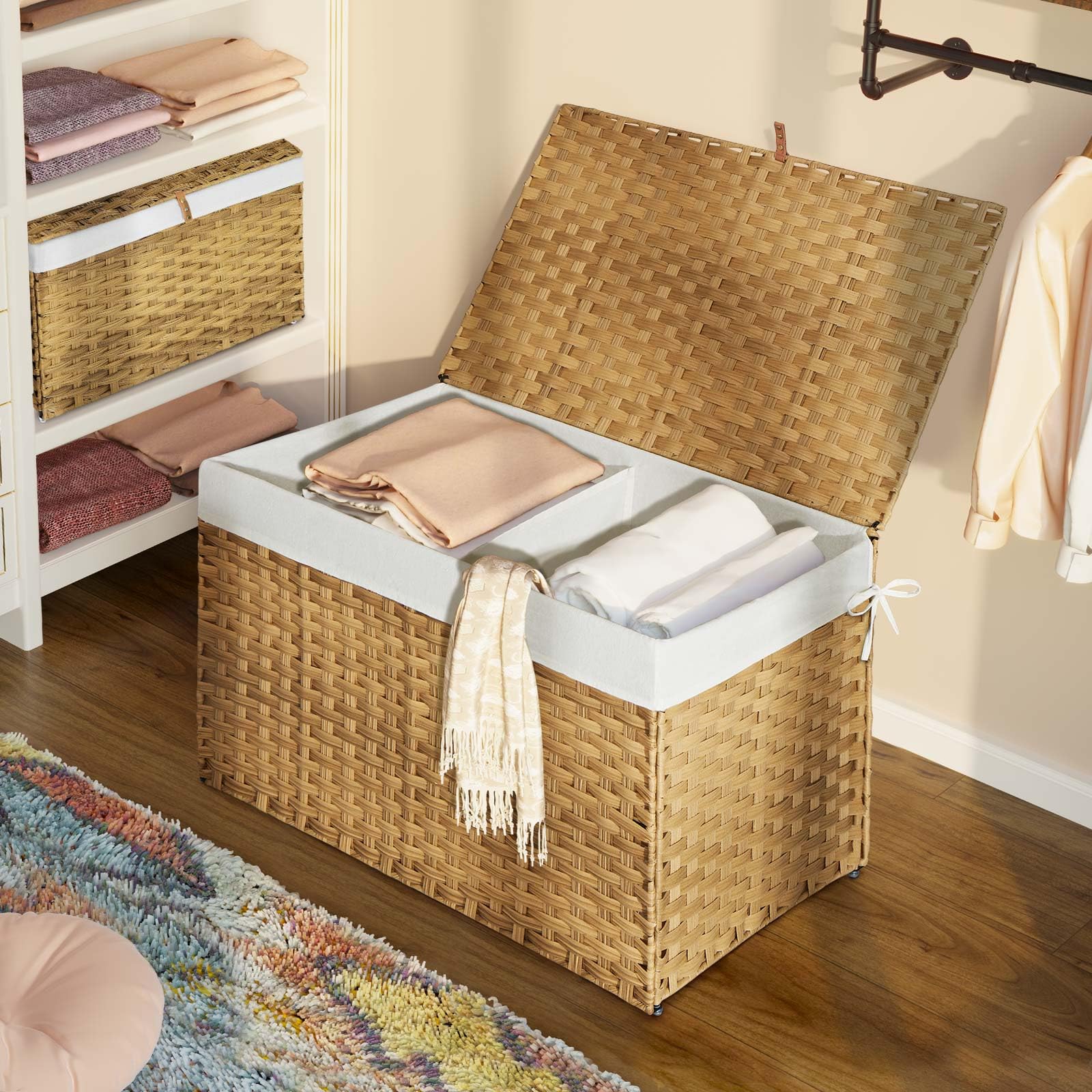 Greenstell Storage Basket With Lid, 160L Handwoven Large Shelf Basket With Cotton Liner And Metal Frame, Foldable & Easy To Inst