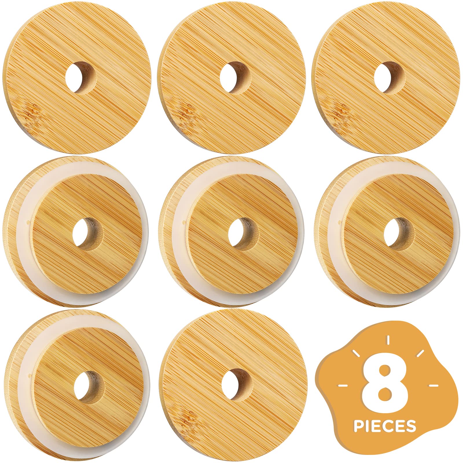 8 Pack 86Mm Wide Mouth Bamboo Mason Jar Lids With Straw Hole, Sbmkk Bamboo Caps Glass Drinking Jars Lid