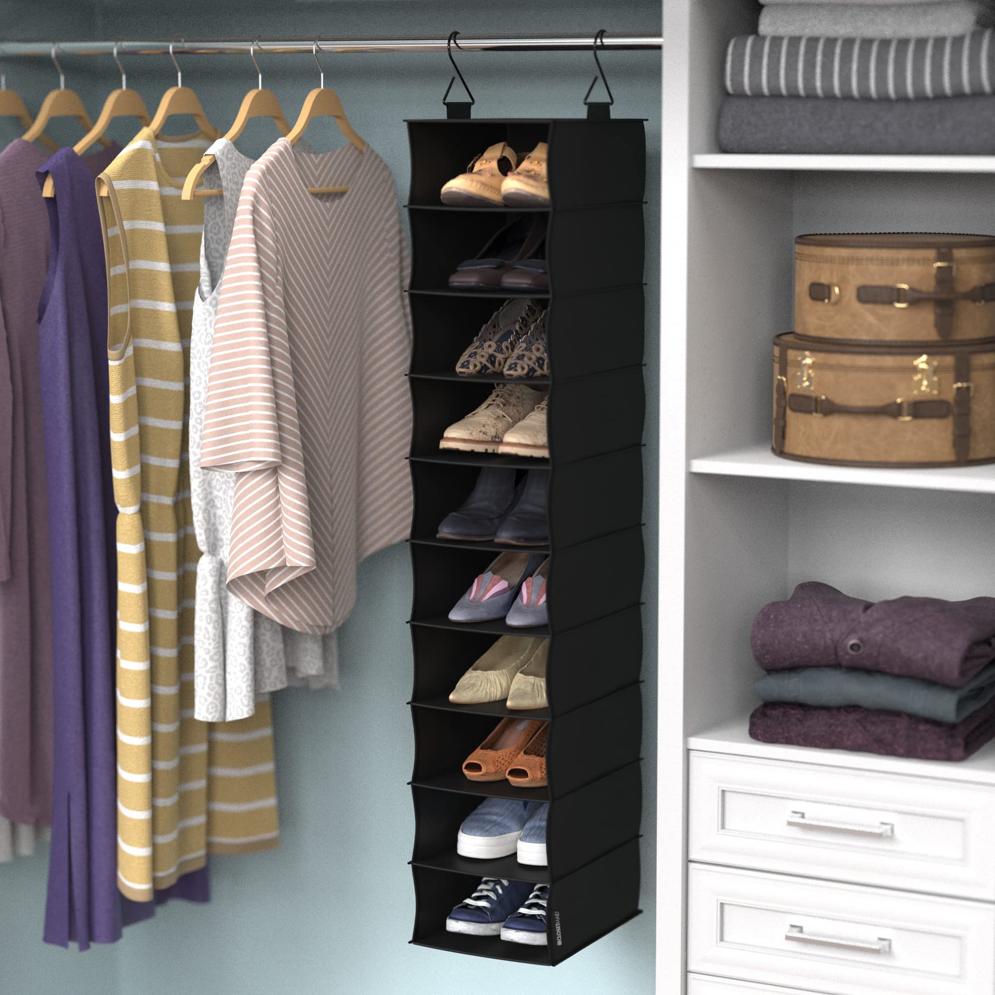 Closetmaid 20502 10-Shelf Fabric Hanging Closet Organizer For Shoes, Hats, Handbags, Clothes With Charcoal Black Finish