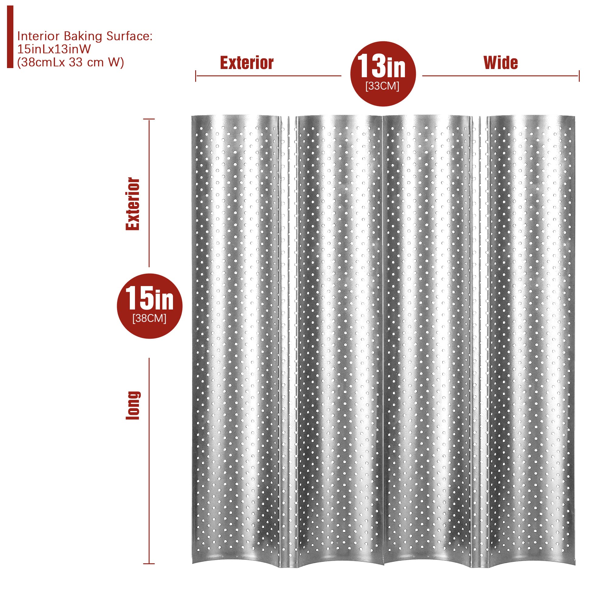 Kitessensu Nonstick Baguette Pans For French Bread Baking, Perforated 4 Loaves Baguettes Bakery Tray, 15'' X 13'', Silver
