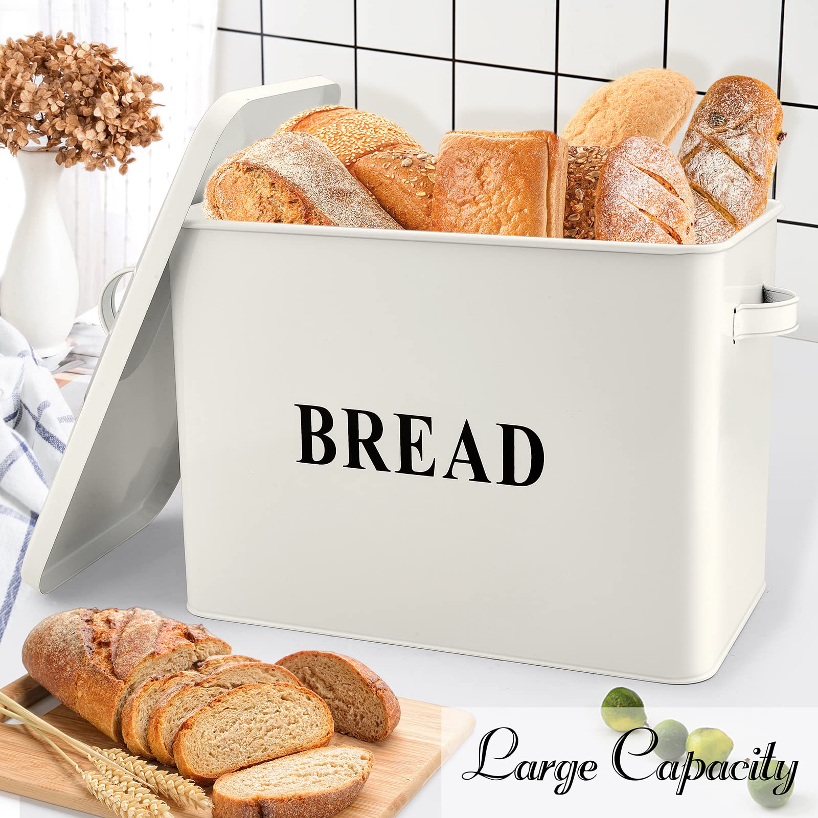 E-far Cream Bread Box for Kitchen Countertop  Metal Bread Bin Holder for Modern Farmhouse Decor  Extra Large & High Capacity Storage Container - 13'' x 9.8'' x 7.3'' - Holds 2+ Loaves  Vintage Style