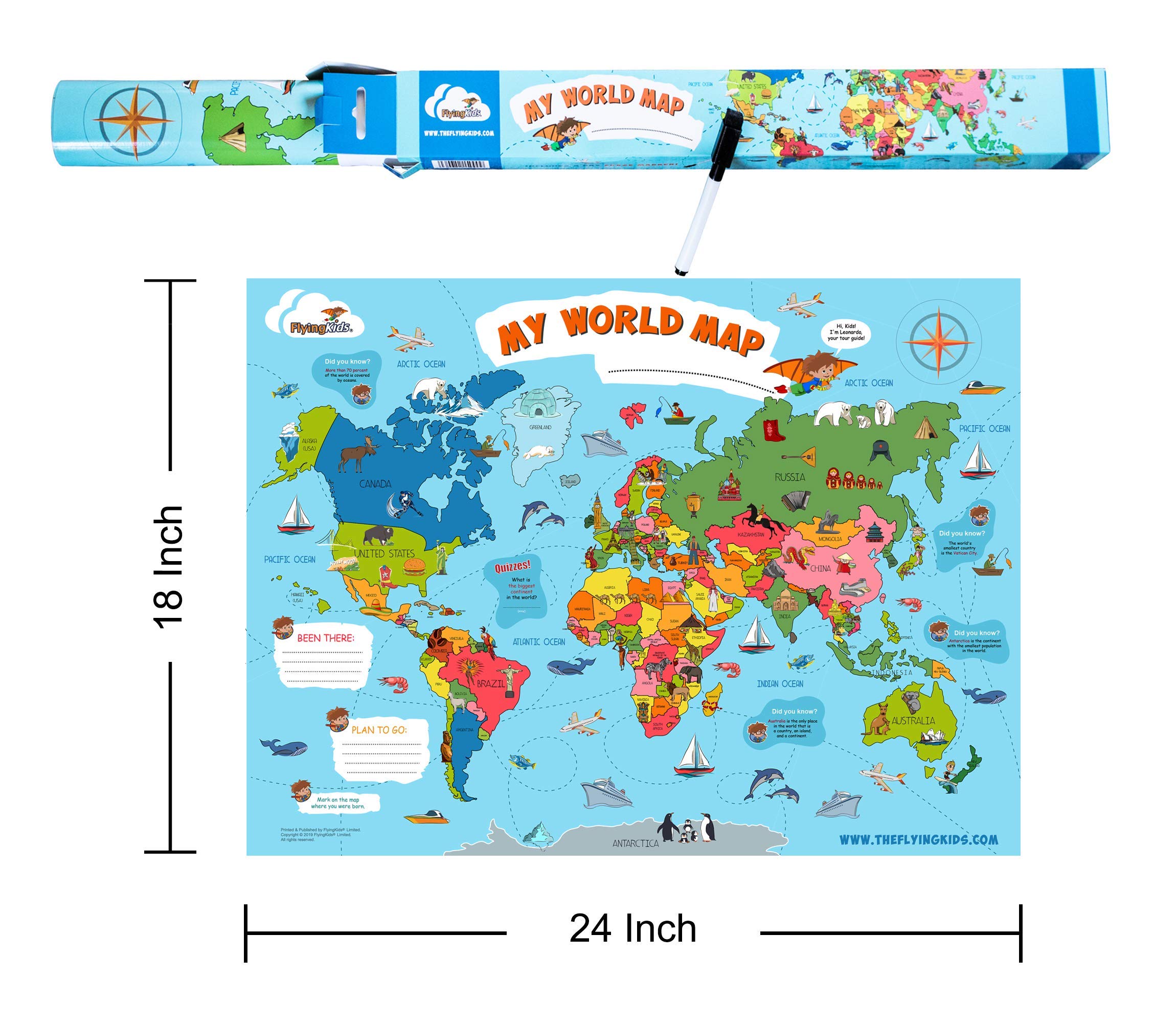 Flyingkids World Map Poster For Kids. Educational, Interactive, Personalized, Laminated Nursery Wall Art That Grows Up With Kids