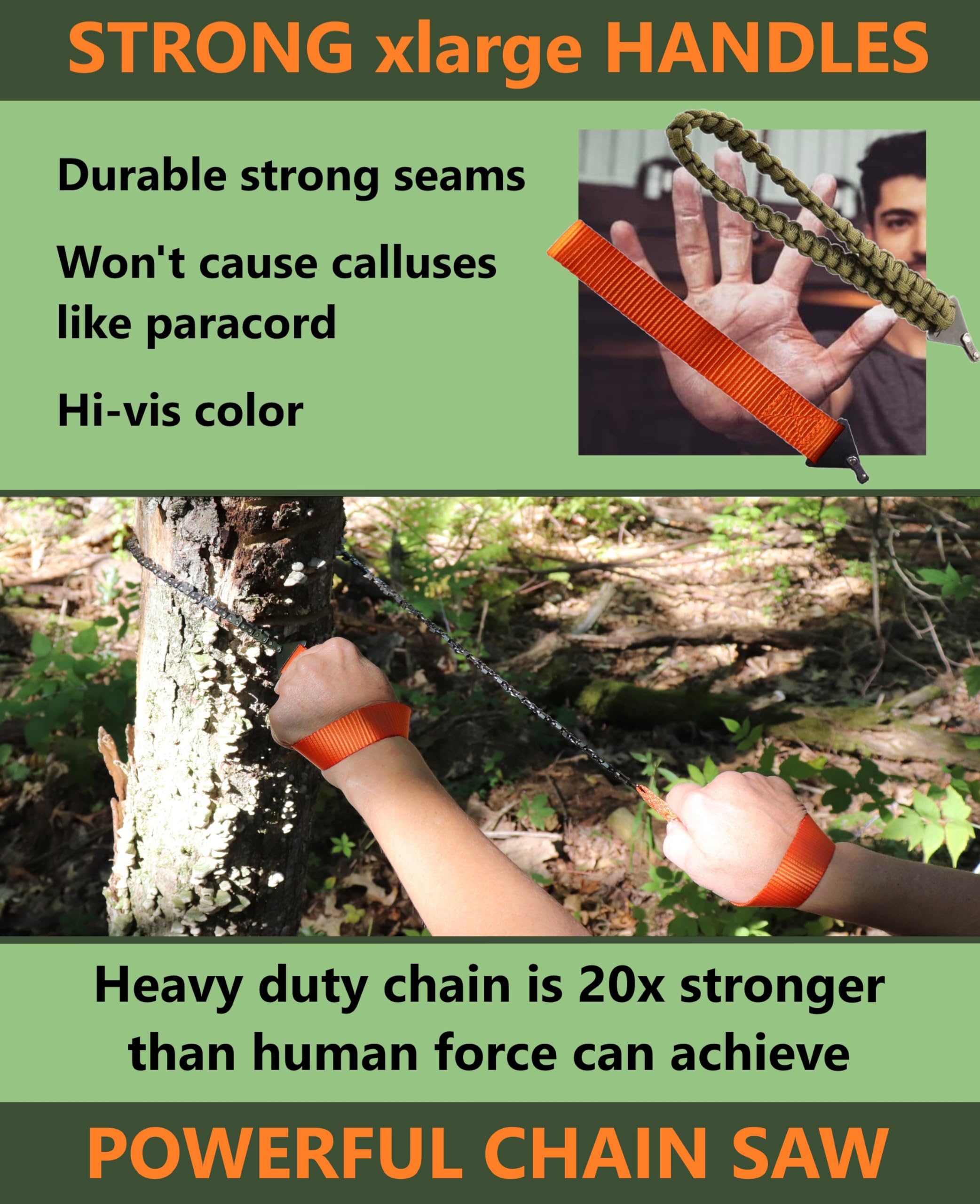 Roadfare Pocket Chainsaw - 36 Inch Hand Saw With 48 Bidirectional Teeth - Camping And Survival Chain Saw For Fast Easy Cutting -