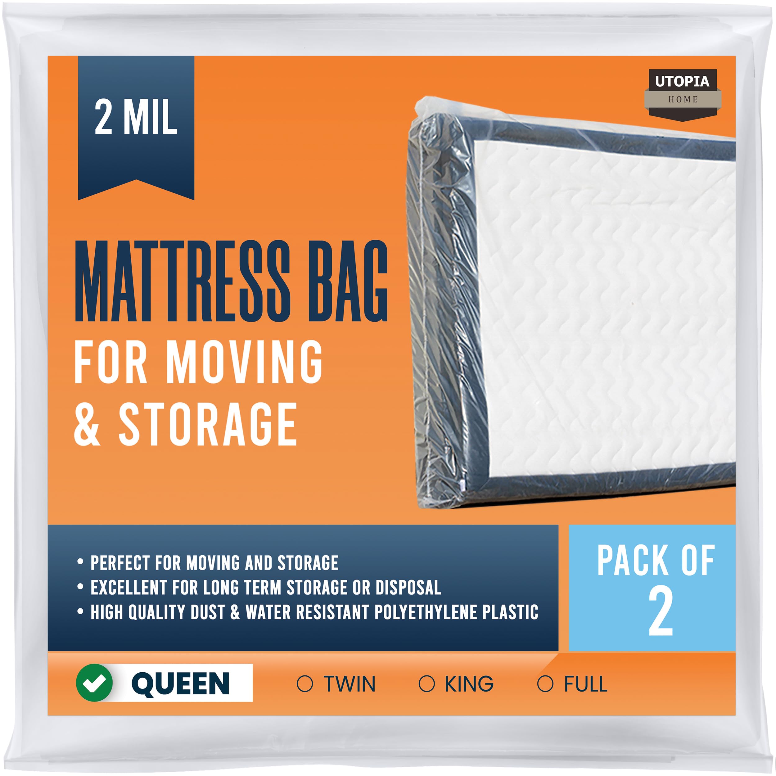 Utopia Home Mattress Bag For Moving Queen Size (Pack Of 2), 2 Mil Thick Mattress Storage Bag, Plastic Mattress Cover, Fits Mattr
