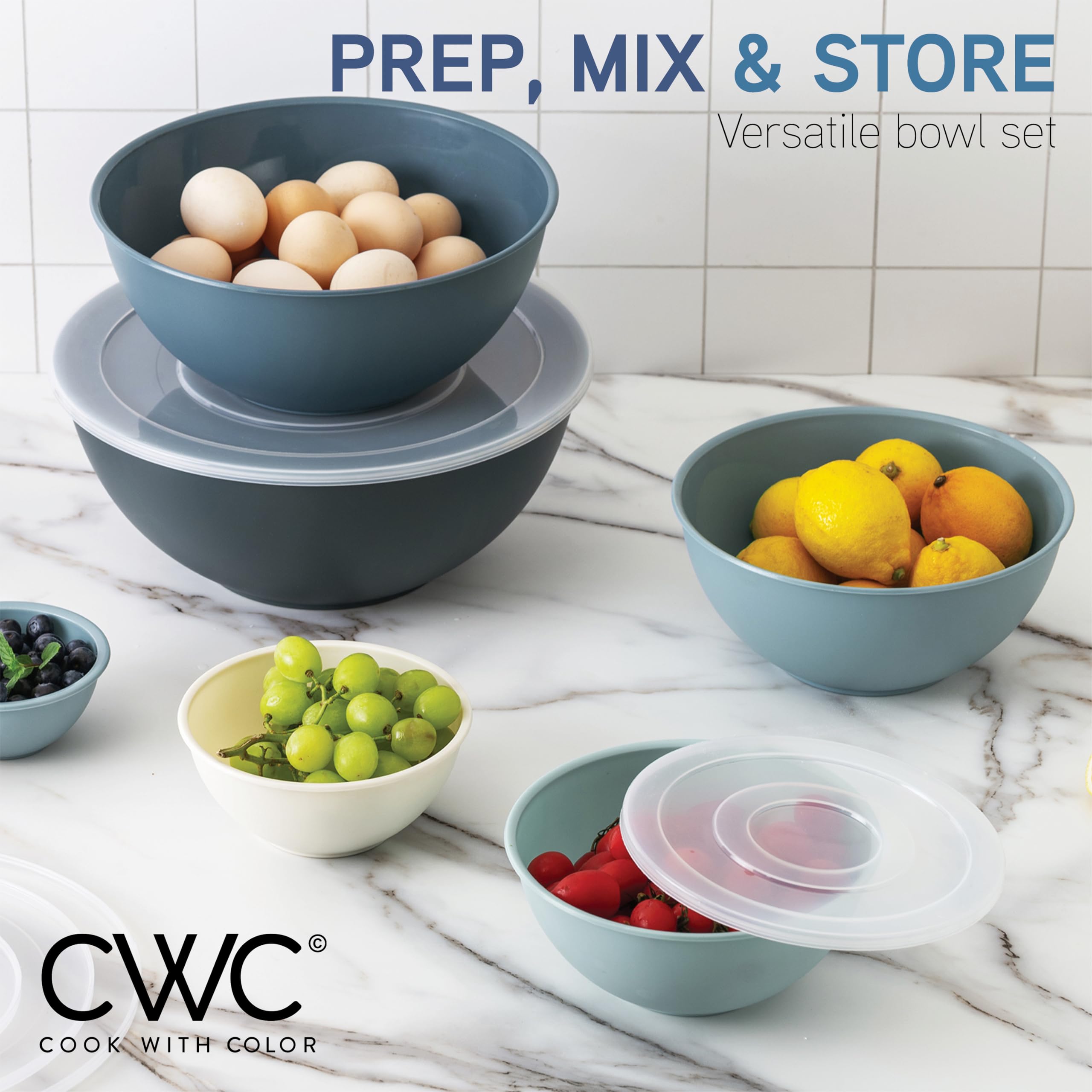 COOK WITH COLOR Plastic Mixing Bowls with Lids - 12 Piece Nesting Bowls Set includes 6 Prep Bowls and 6 Lids, Microwave Safe (Bl