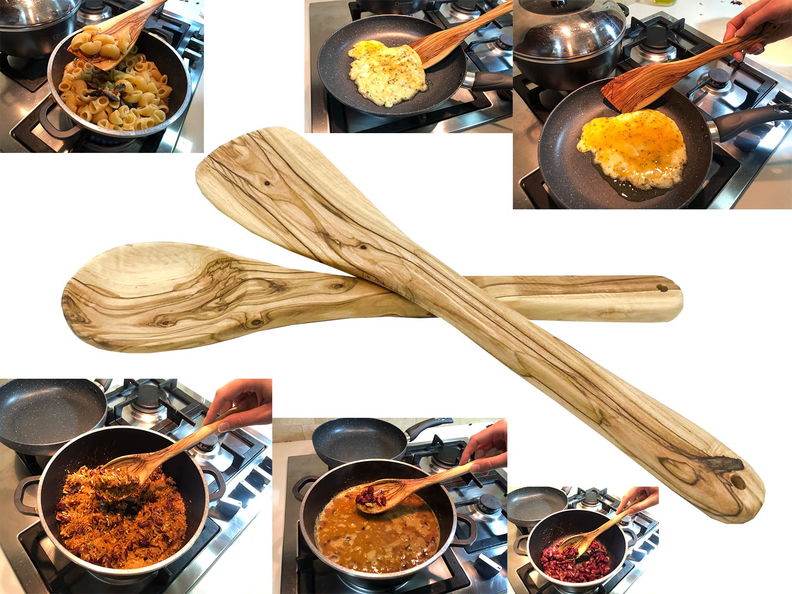 Olive Wood Spoon & Curved Spatula (12 Inch Set Of 2 Pieces), Wooden Utensils, Turner/Spatula/Spoon For Every Day Cooking, From B