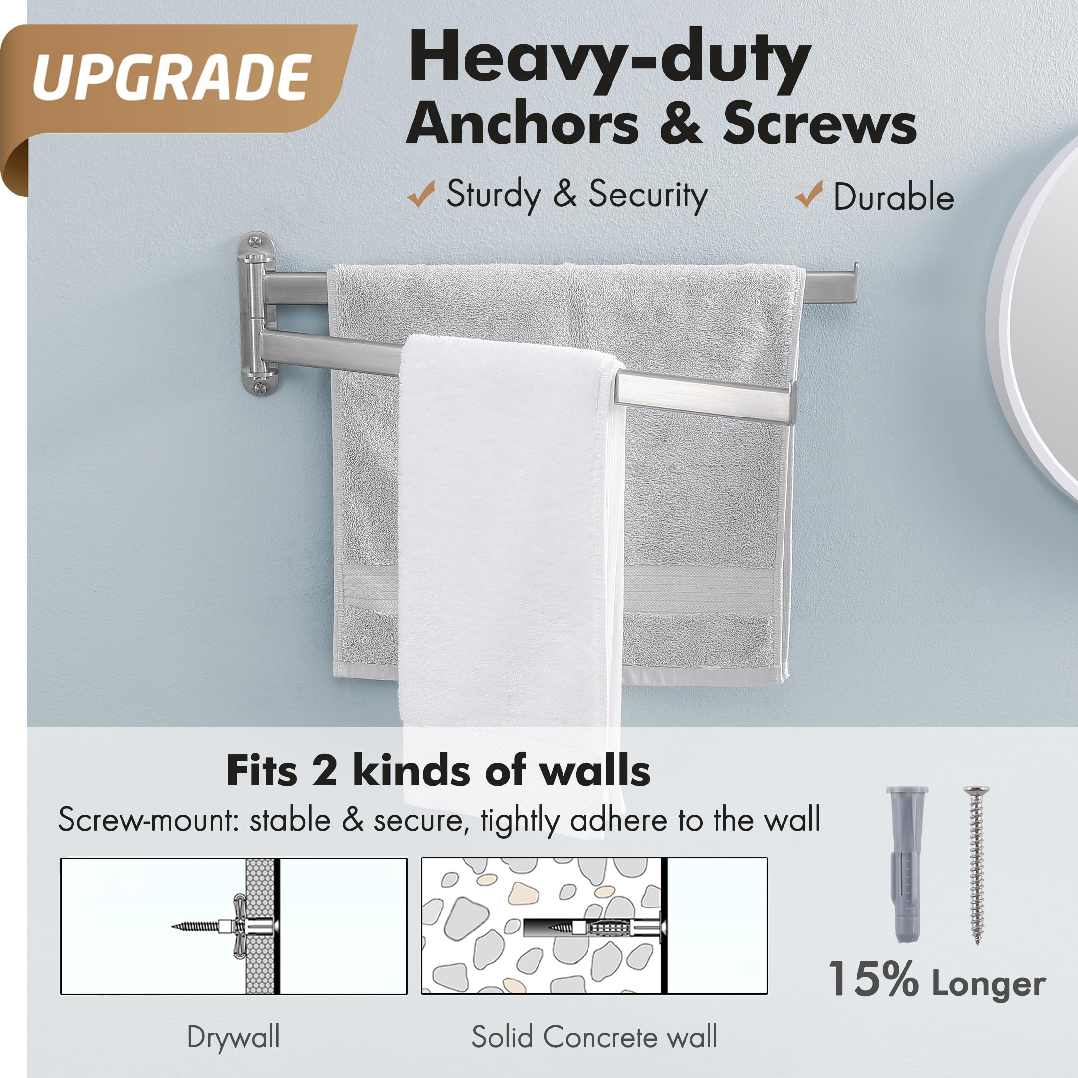 KES Bathroom Towel Rack  15.5-Inch Swivel Towel Rack 2-Arm  Swing Out Double Towel Bar Wall Mounted  SUS304 Stainless Steel Brushed Finish  A2104S2L40-2