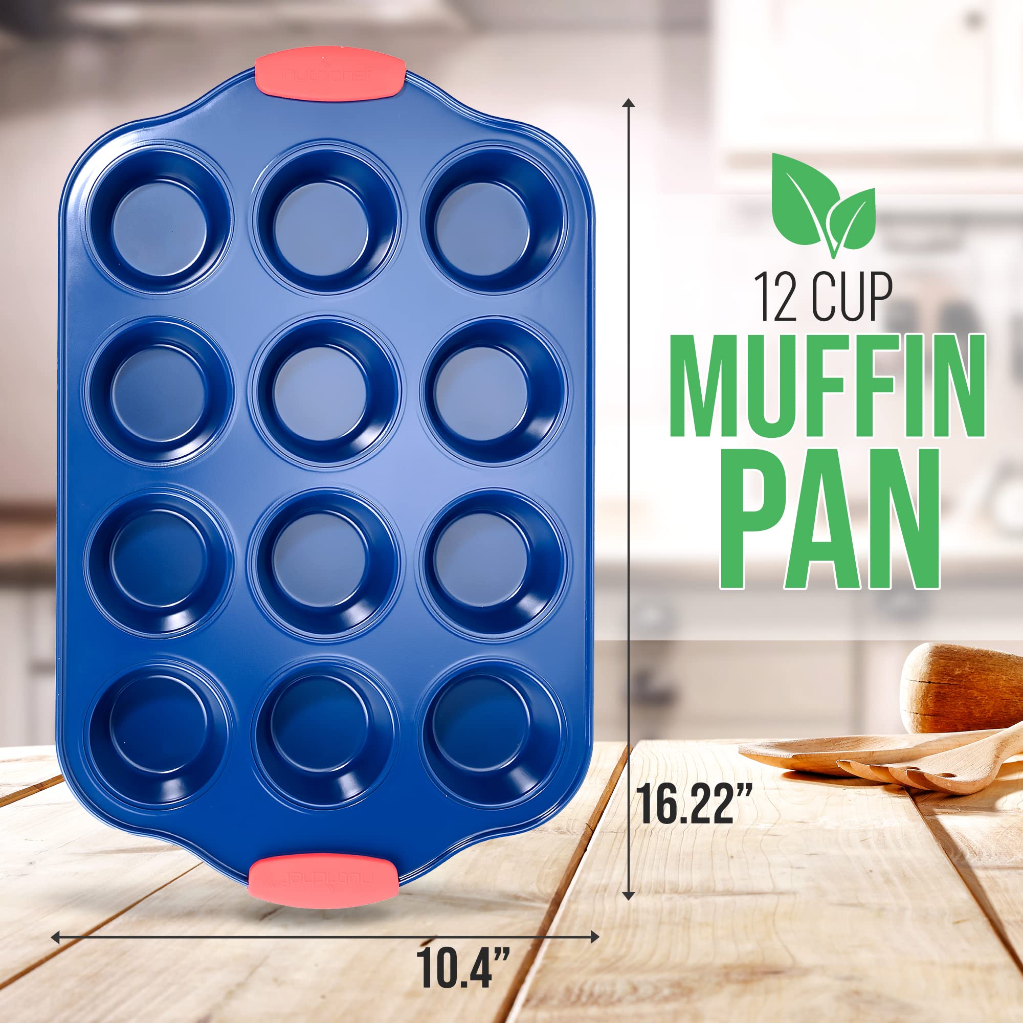 NutriChef 16” 12 Cup Blue Carbon Steel Muffin Pan with Red Silicone Handles, Model BKNCSBSBL6MUFP, Non-Stick Bakeware