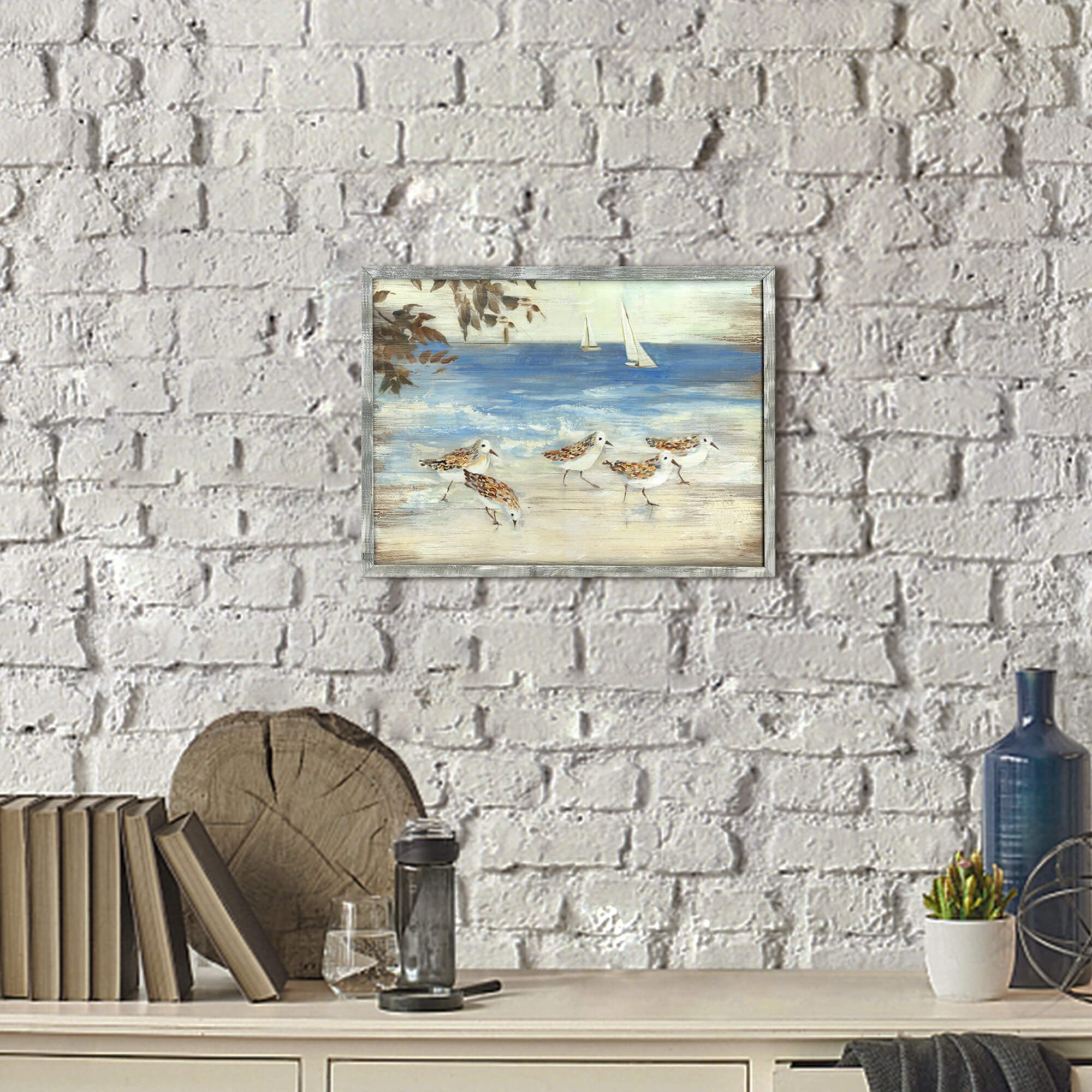 Ocean Framed Wooden Wall Art: Abstract Beach Oil Painting Style Sea Bird Pictures Ocean Prints Peaceful Coastal Artwork For Offi