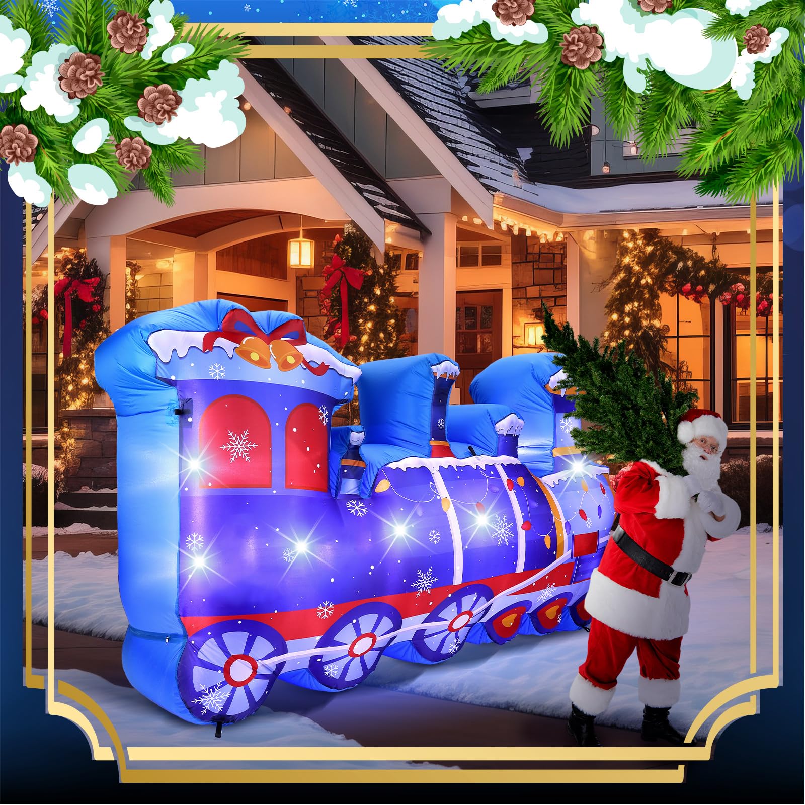 VIHOSE 8 ft Length Christmas Polar Train Inflatable Outdoor Decoration Christmas Blow Up Polar Train Winter Birthday Photo Props