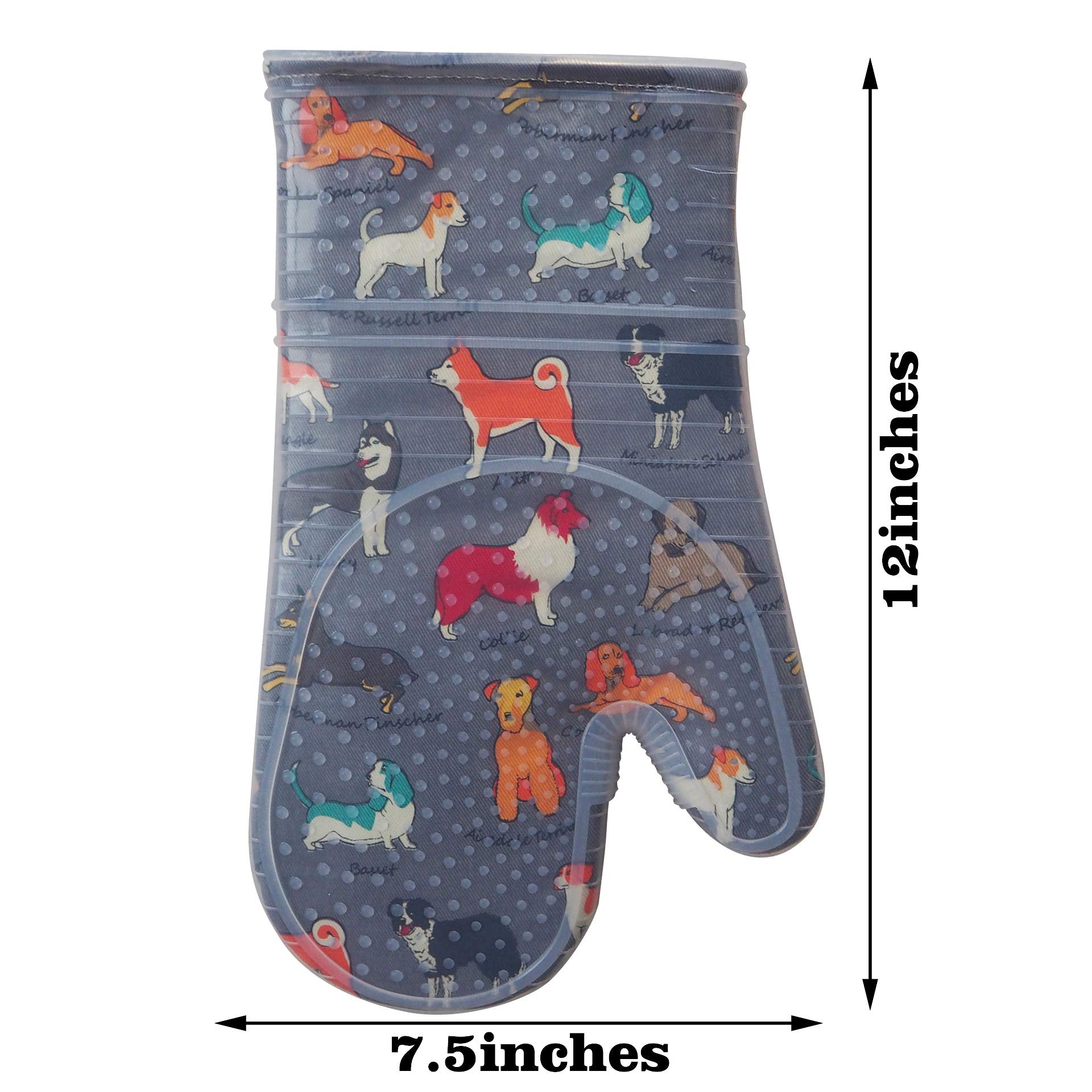 Oven Mitts Set Of 2 With Transparent Clear Silicone Shell And Nice Dog Printing Cotton Lining, Heat Resistant To 500 F Kitchen O