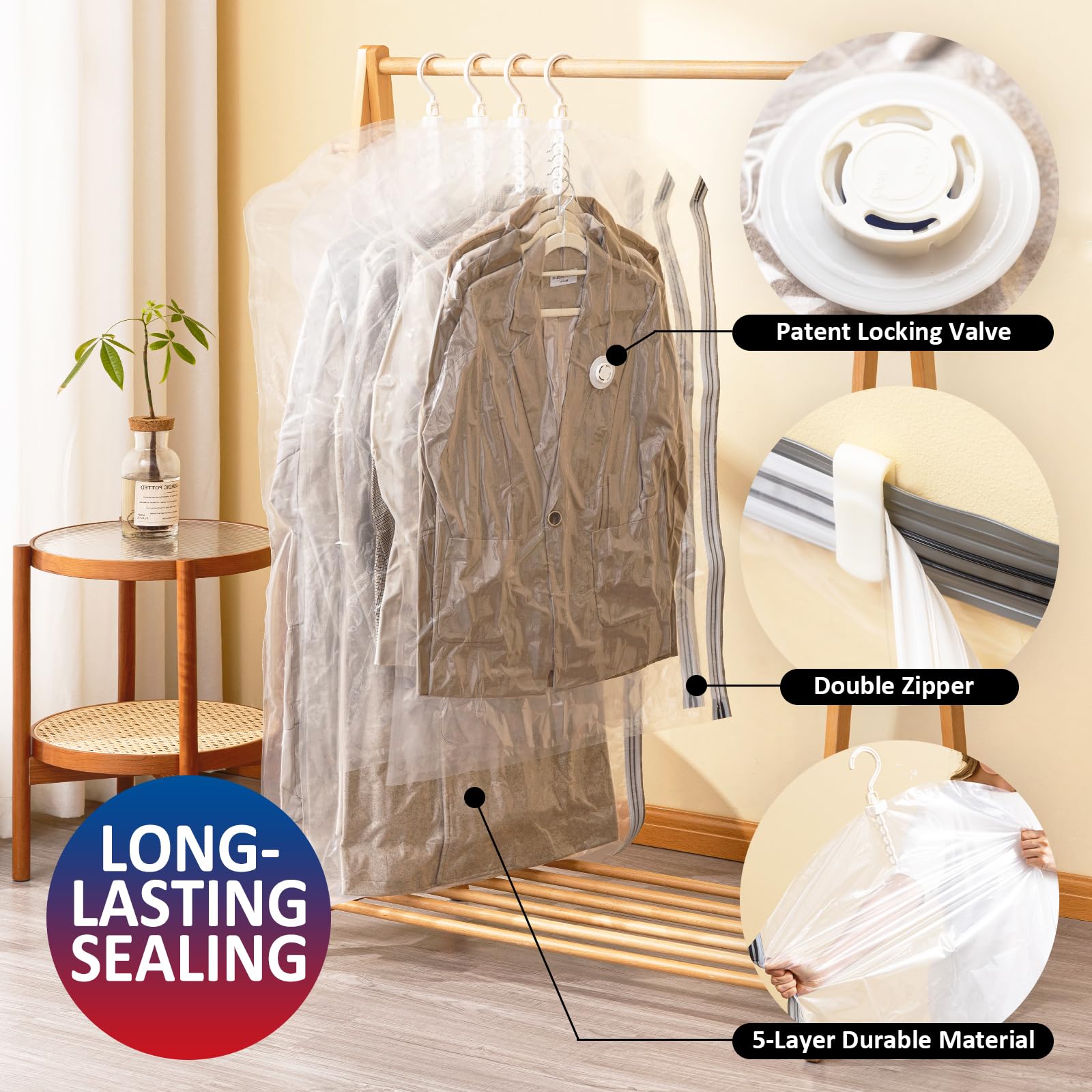 Hanging Vacuum Storage Bags  4 Pack Hanging Storage Bags for Clothes With Electric Pump  Vacuum Sealed for Suits  Dress  Jackets (4 Long)