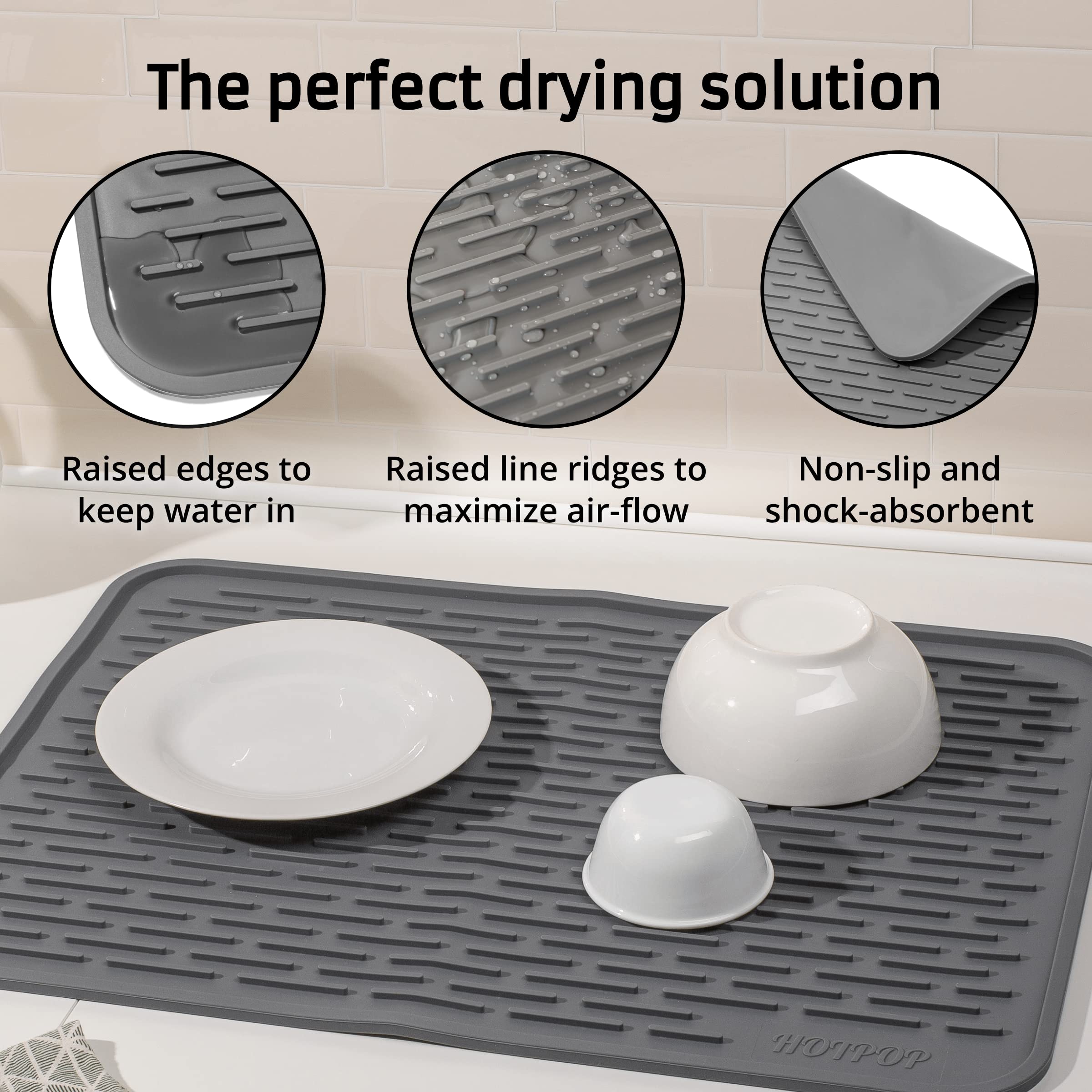 Hotpop Xxl 24X18 Inches Gray Silicone Dish Drying Mat & Large Trivet - Dishwasher Safe, Heat Resistant, Eco-Friendly - Ideal Dri