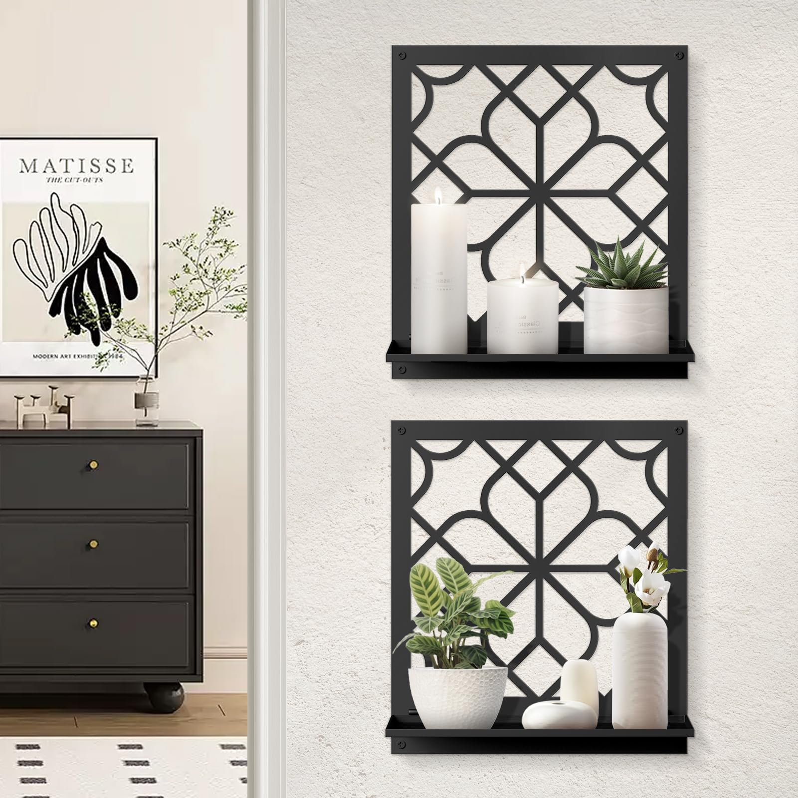Black Metal Wall Art Holder Set of 2, Black Farmhouse Home Wall Decor, Minimalist Rustic Wall Art, Aesthetics Wall Candle Holder