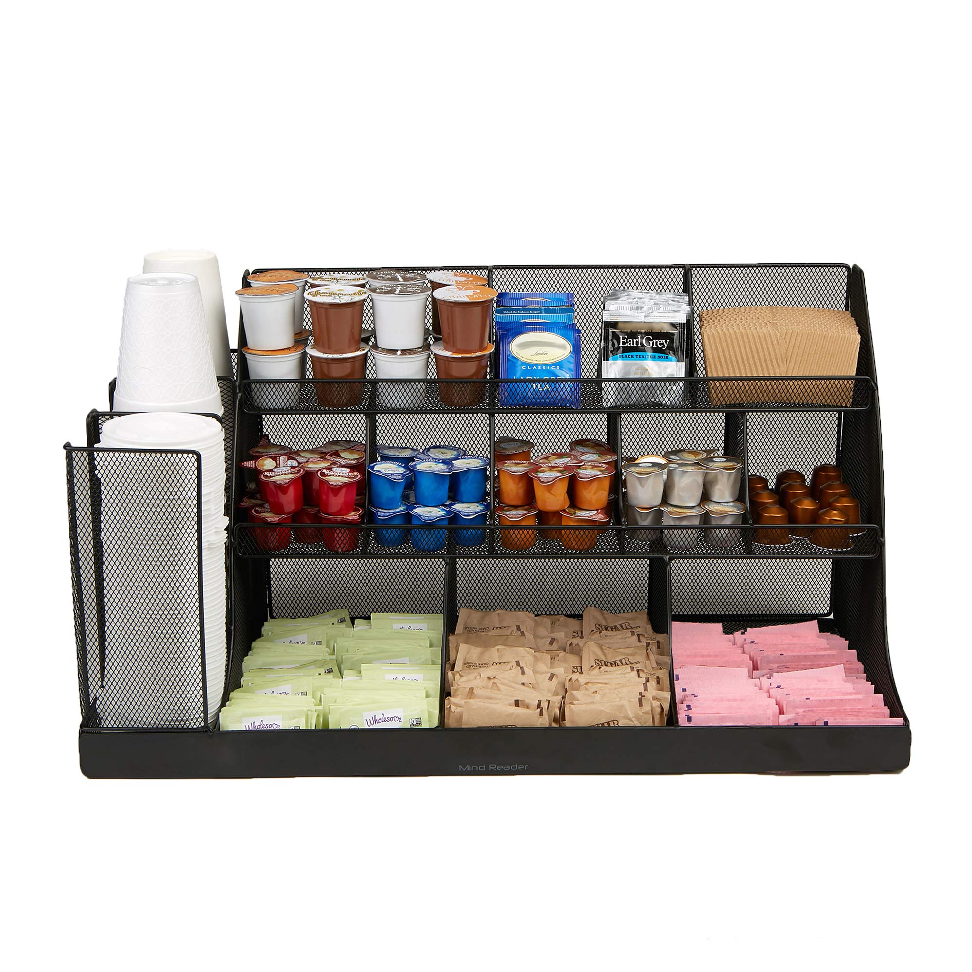 Mind Reader Cup and Condiment Station, Countertop Org, Coffee Bar, Kitchen, Metal Mesh, 23.75L x 11.5W x 12.5H, Black