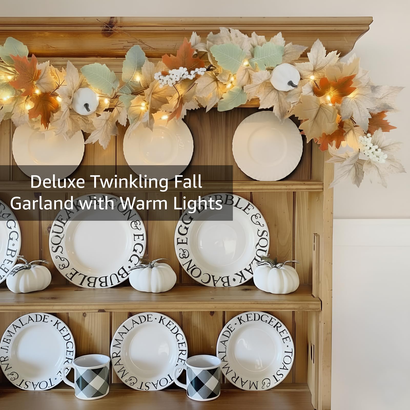 Neutral Fall Garland for Mantle Fireplace - 4 Pack Total 24 Ft Outdoor Autumn Leaves Decor for Home Front Door with Pumpkins Ind