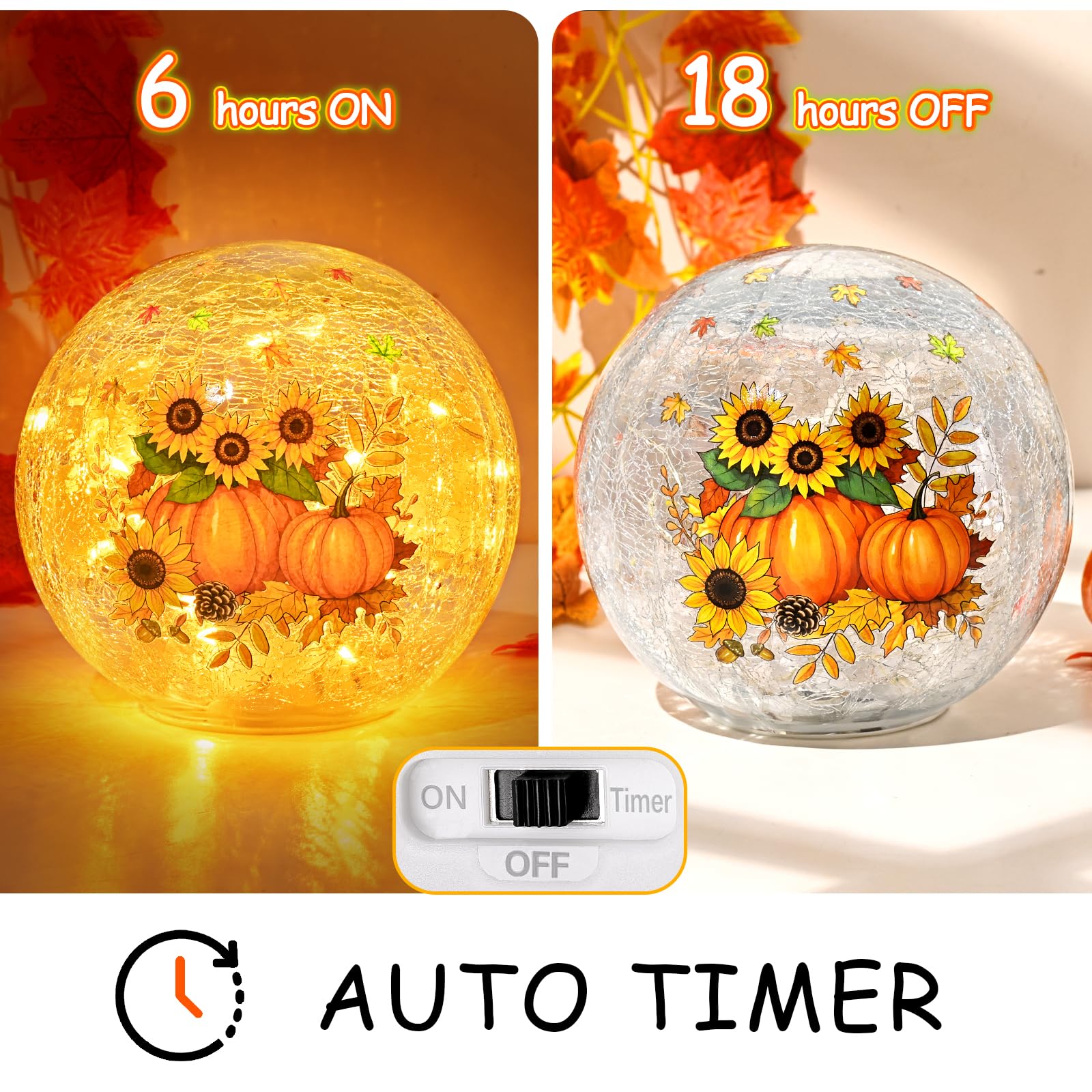 FRAMICS 5.9 Fall Decorations for Home Sunflower Pumpkin Crackle Glass Balls Led Globe Light with Timer Thanksgiving Decorations