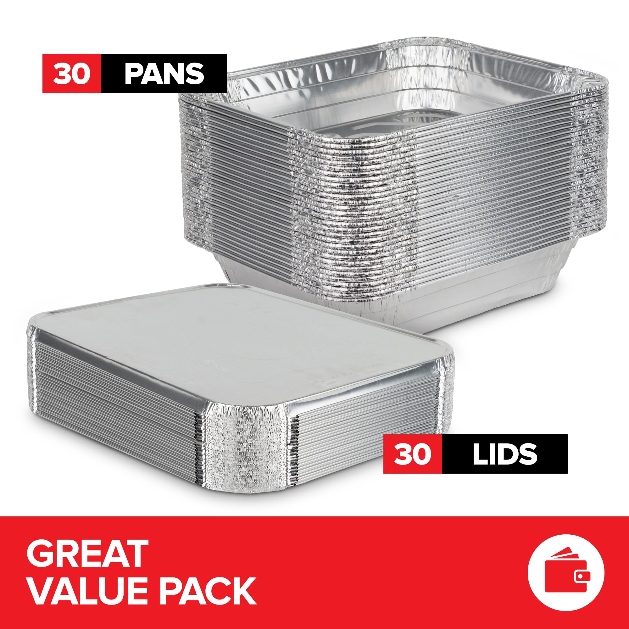 (Set Of 30) 9 X 13 Disposable Aluminum Pans With Lids - (30) Heavy Duty Foil Pans With Lids 9X13 (30) Foil Pan Covers, Food Cate