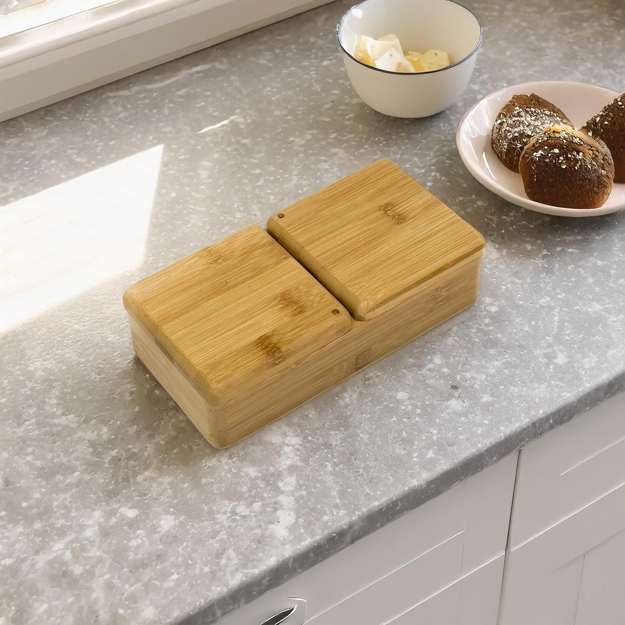 Bam & Boo - Natural Bamboo Multi-Purpose Storage Box W. Swivel Lid (2-Compartments) - For Salt, Sugar, Spices, Herbs Or Office S