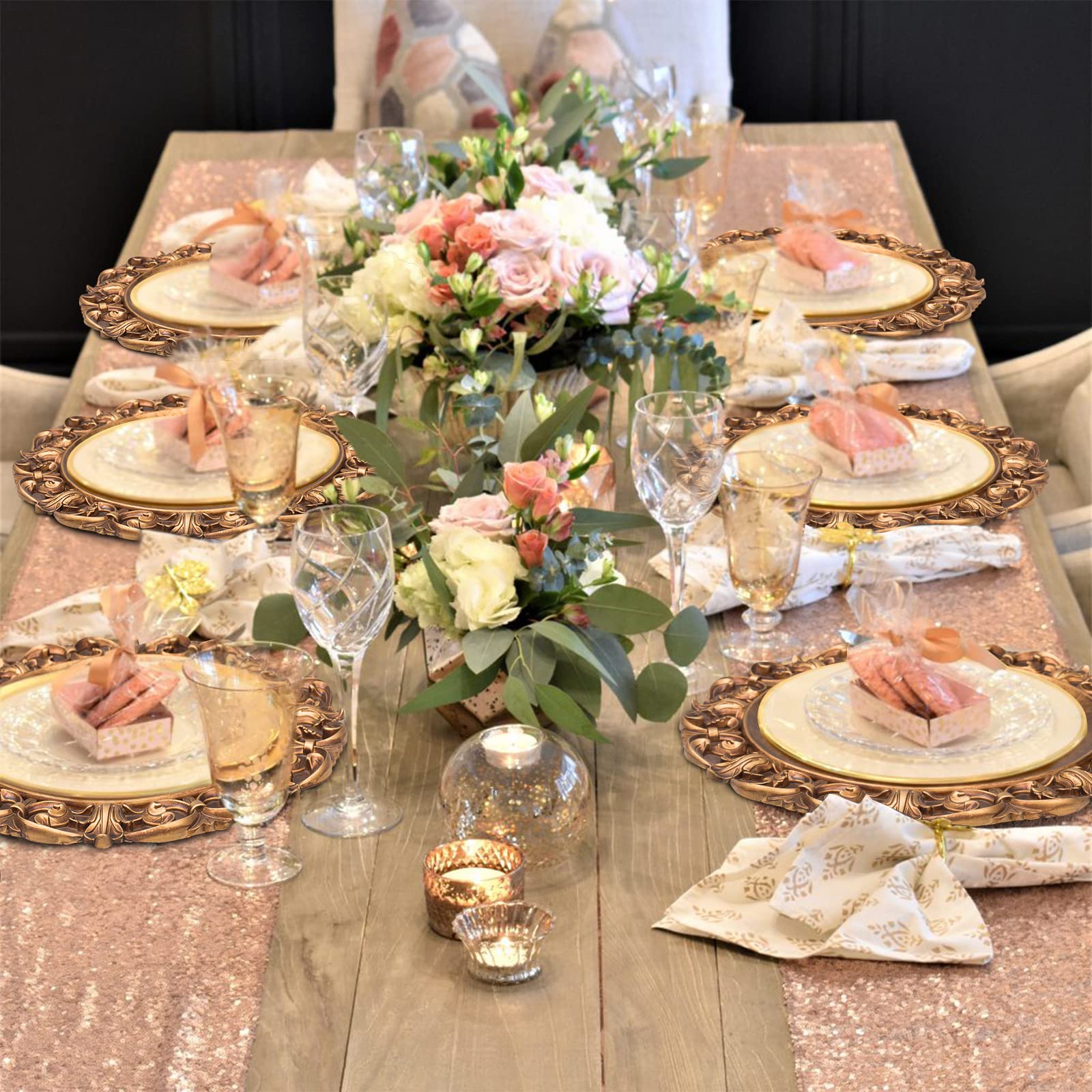 Maoname 14'' Antique Gold Charger Plates With Embossed Rims, Set Of 6, Plastic Plate Chargers For Dinner Plates, Table Setting