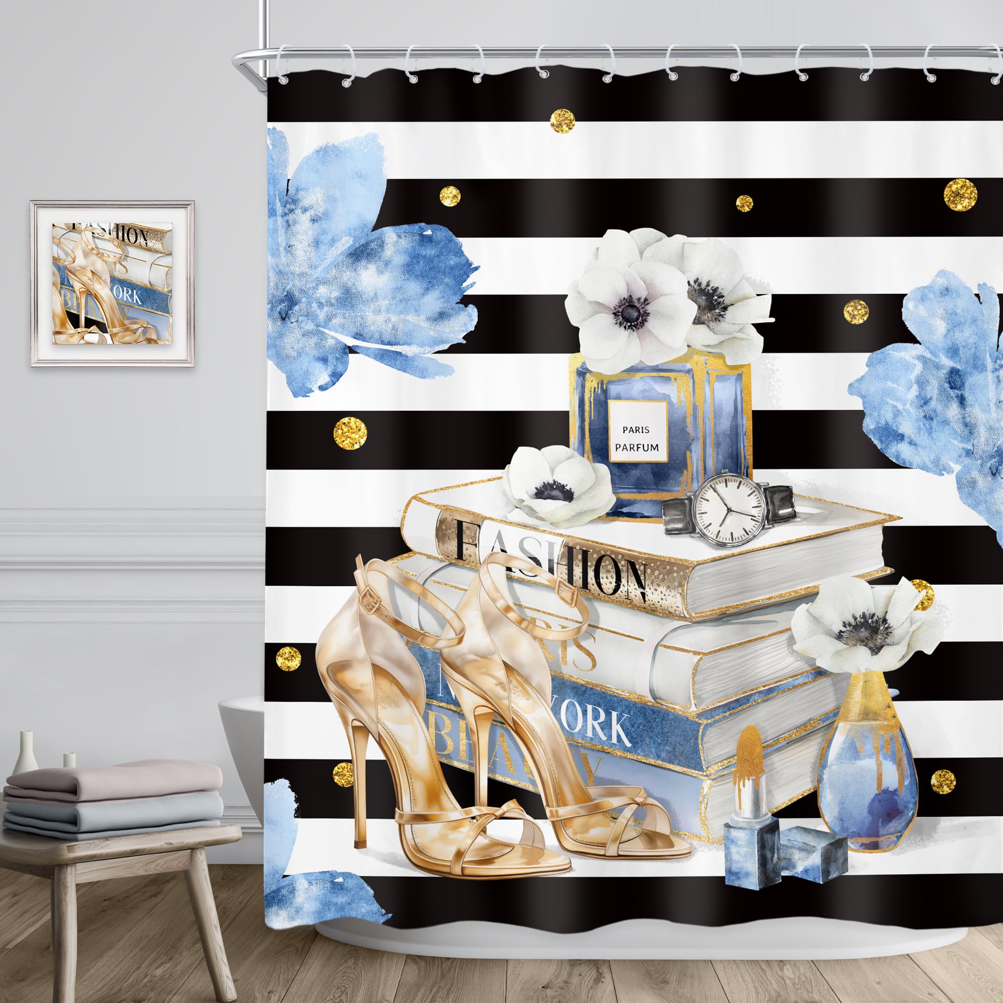 Riyidecor Fashion Shower Curtain 60Wx72H Inch Black White Stripes Blue Gold Floral Modern Magazine Book Perfume High Heels Girls