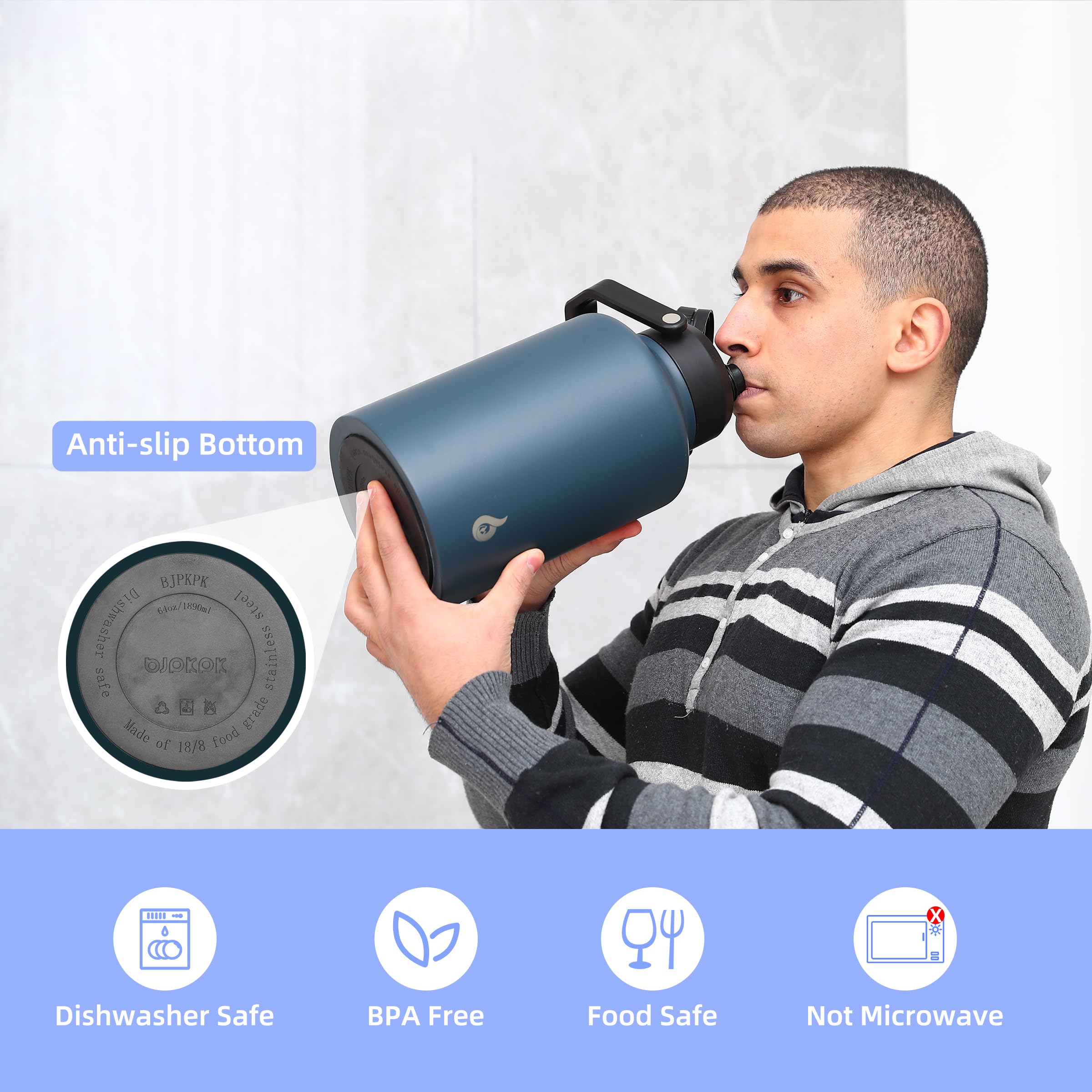 BJPKPK Insulated Water Bottle 64 oz, Stainless Steel, BPA Free, Ergonomic Handle, Dishwasher Safe, Leak Proof